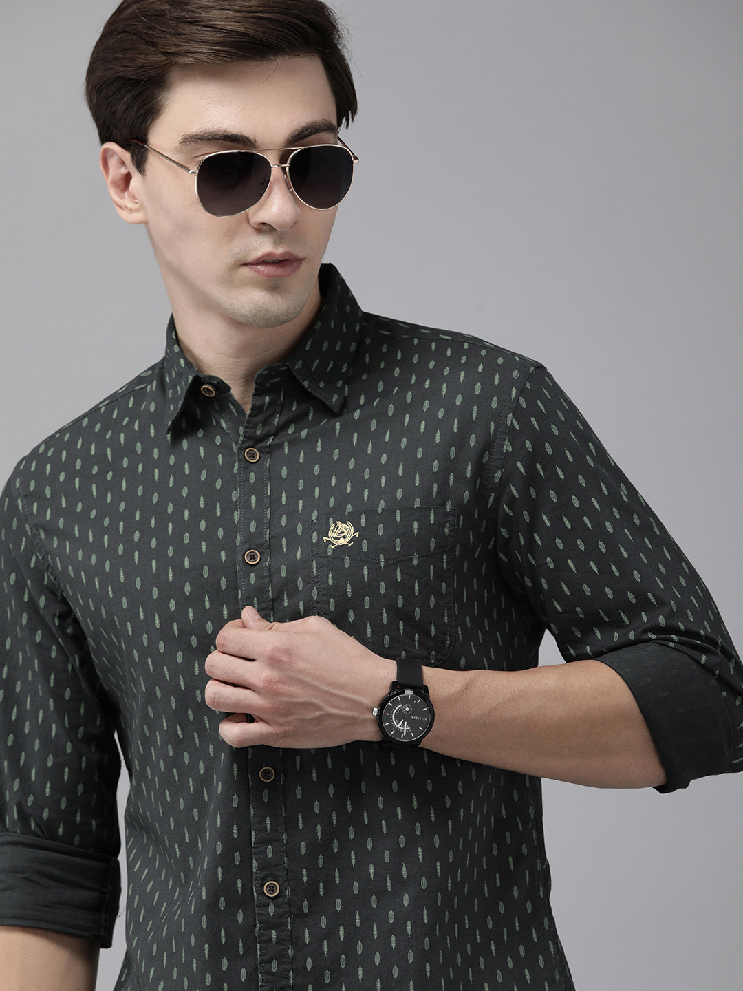 

U S Polo Assn Denim Co Men Black & Green Slim Fit Printed Pure Cotton Casual Shirt