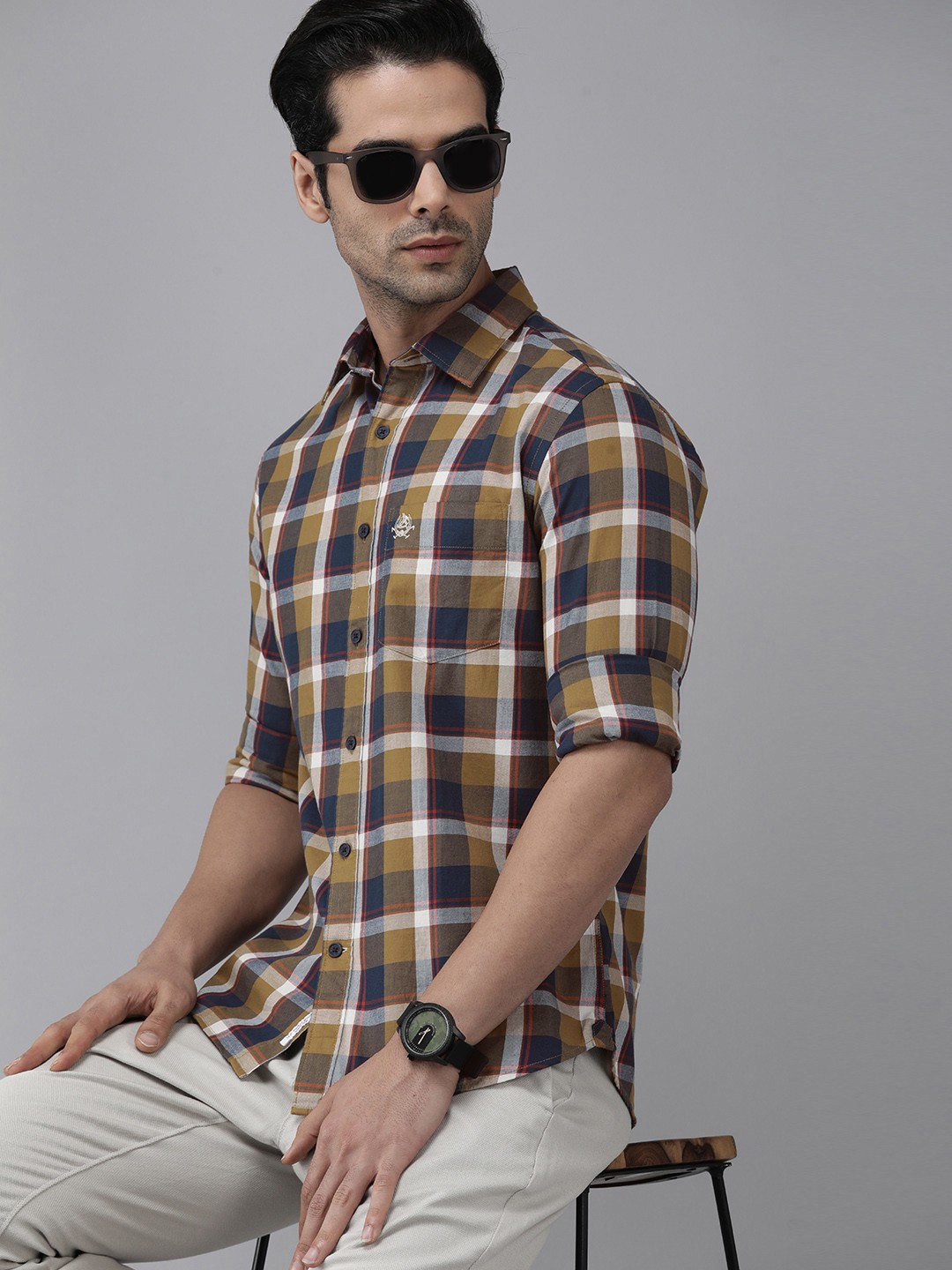 

U S Polo Assn Men Mustard And Navy Blue Slim Fit Checked Pure Cotton Casual Shirt
