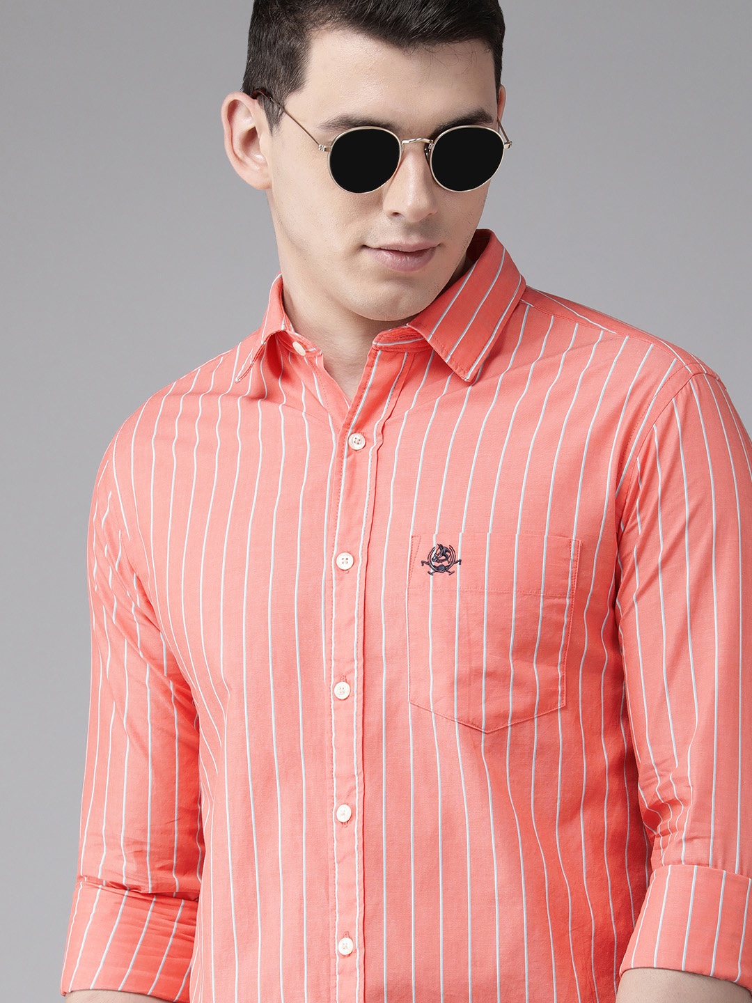 

U.S. Polo Assn. Men Peach-Coloured & White Striped Pure Cotton Casual Shirt