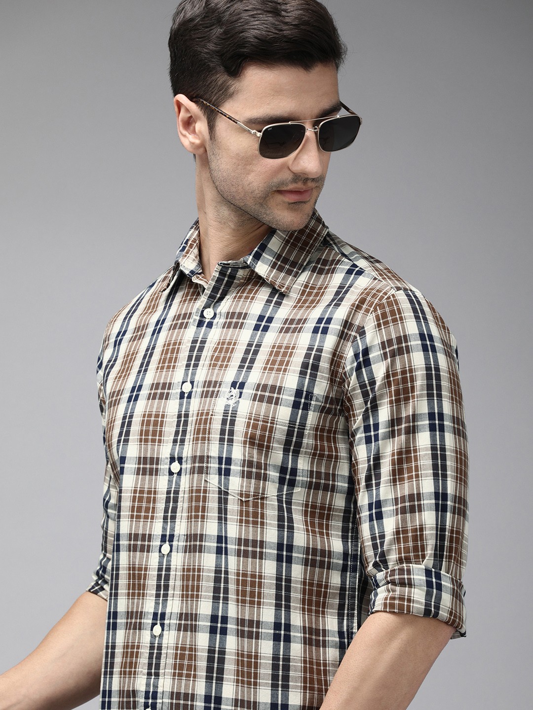 

U S Polo Assn Men Brown & Navy Blue Tailored Fit Checked Pure Cotton Casual Shirt