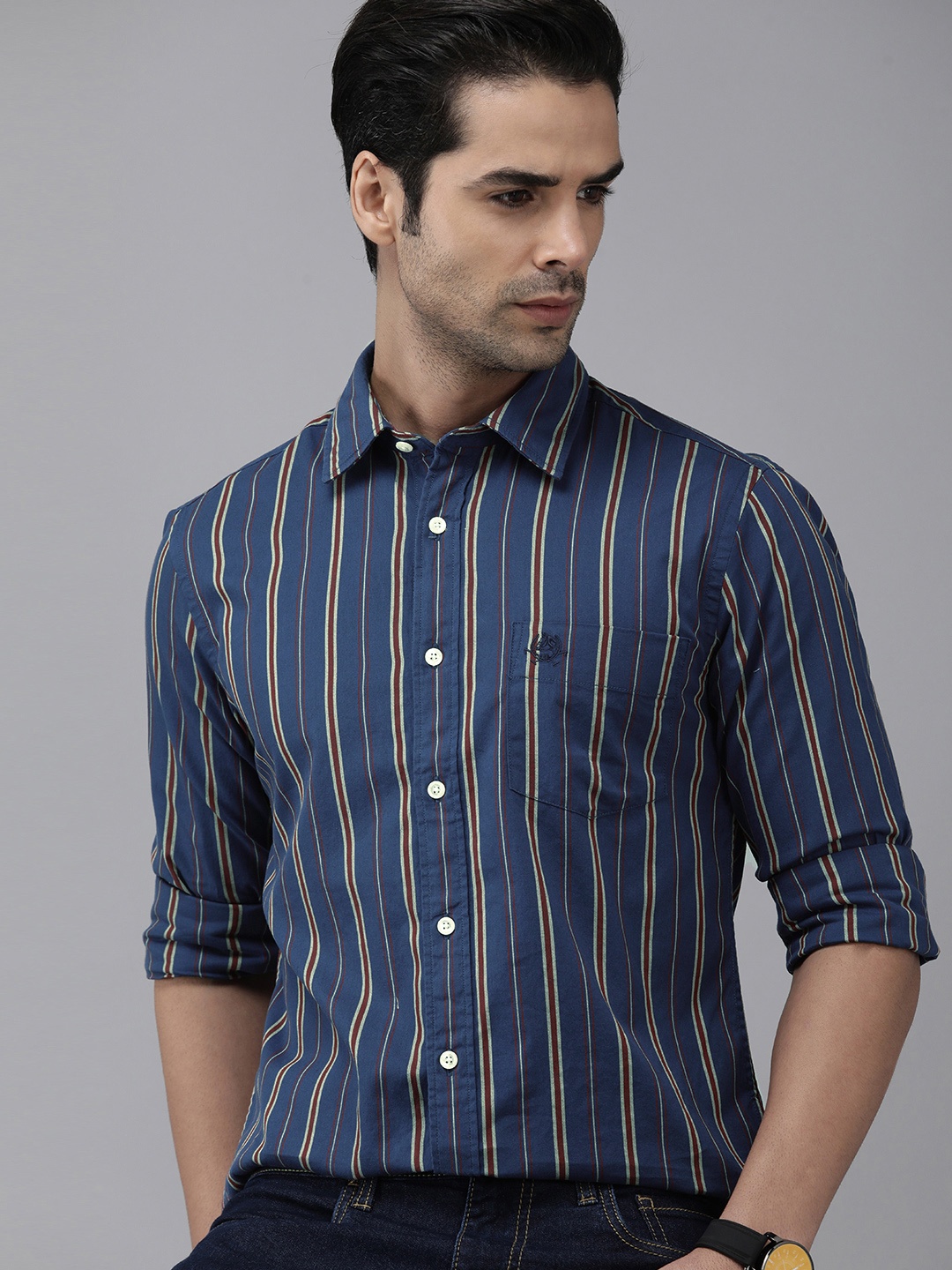 

U S Polo Assn Men Navy Blue & Maroon Tailored Fit Striped Pure Cotton Casual Shirt