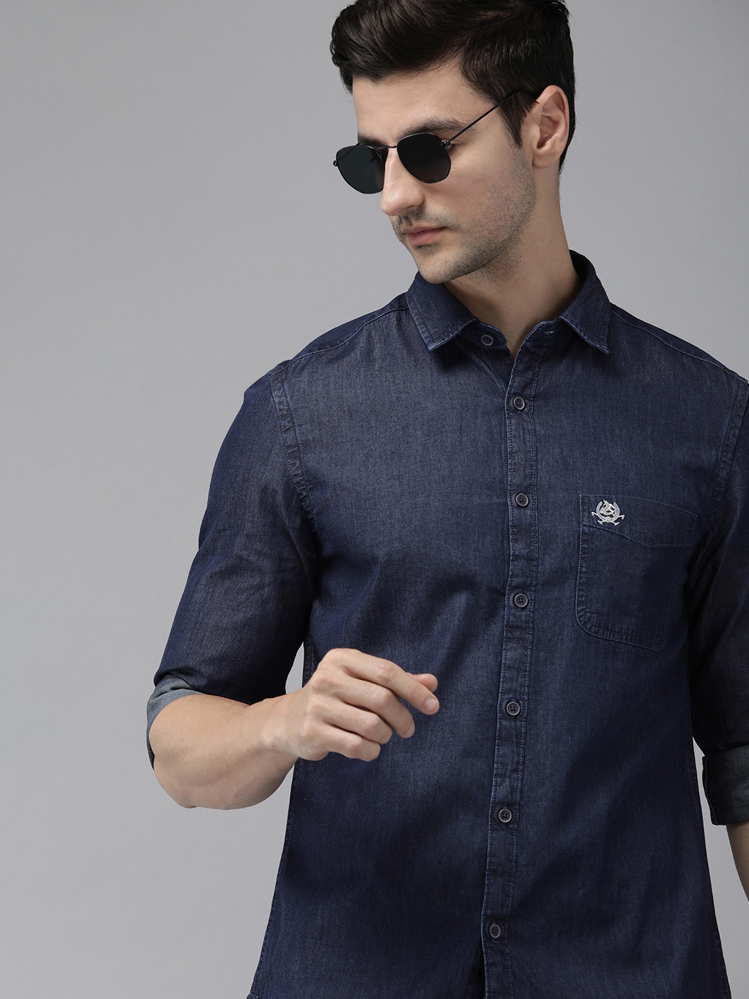 

U S Polo Assn Denim Co Men Blue Solid Slim Fit Pure Cotton Casual Shirt