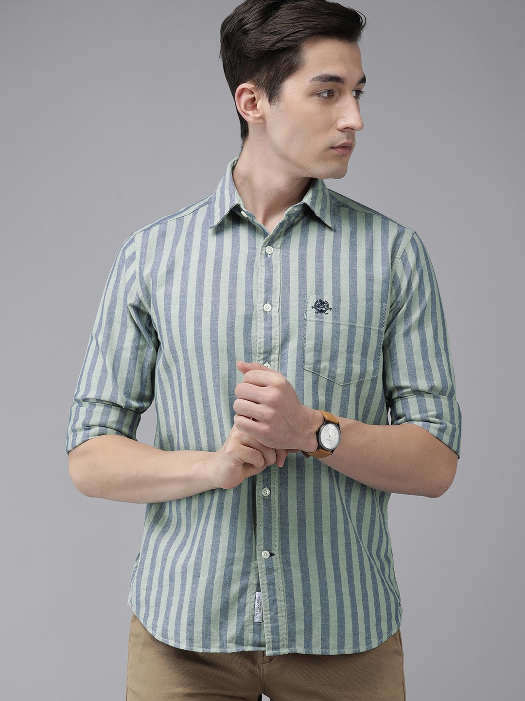 

U.S. Polo Assn. Men Sage Green & Blue Striped Tailored Fit Cotton Casual Shirt