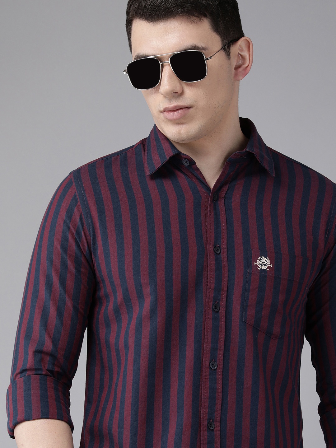 

U.S. Polo Assn. Men Maroon & Navy Blue Striped Pure Cotton Casual Shirt