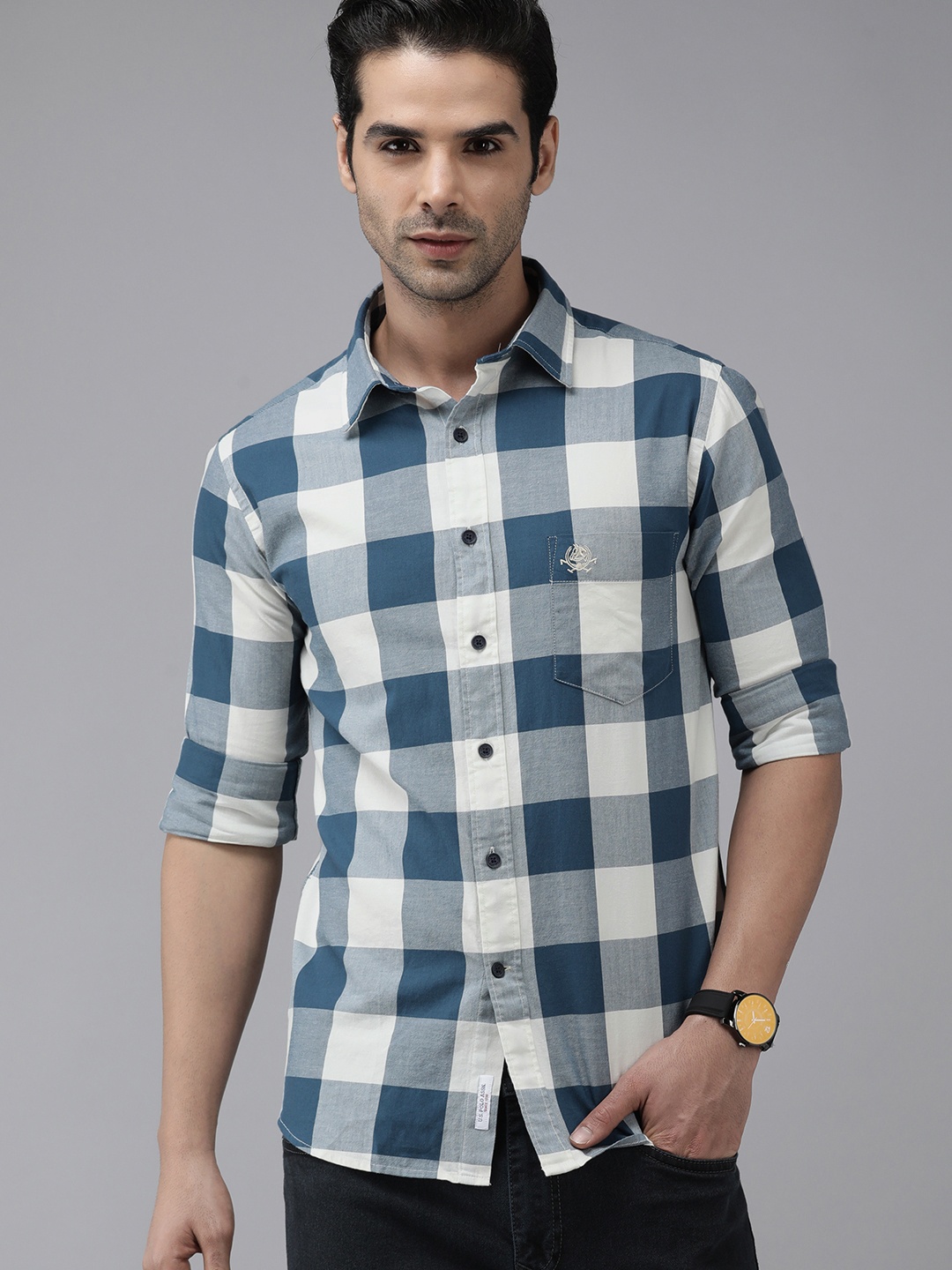 

U S Polo Assn Men Blue Slim Fit Windowpane Checks Pure Cotton Casual Shirt