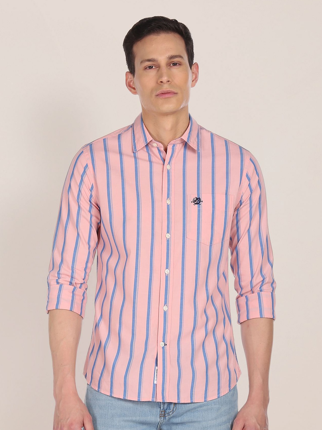 

U.S. Polo Assn. Men Pink Tailored Fit Vertical Stripes Opaque Pure Cotton Casual Shirt