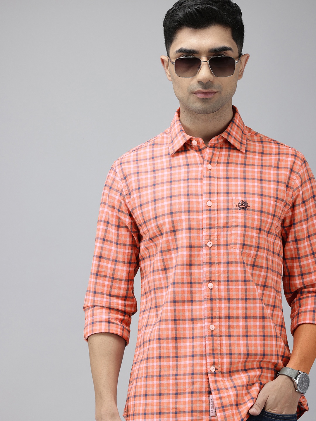 

U.S. Polo Assn. Tailored Fit Checked Pure Cotton Casual Shirt, Orange