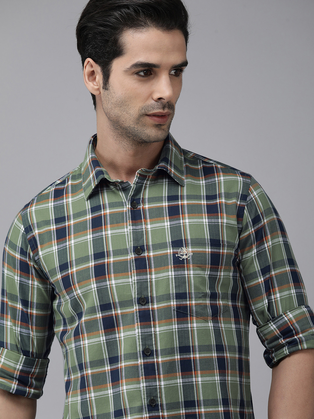 

U S Polo Assn Men Green And Navy Blue Slim Fit Checked Pure Cotton Casual Shirt