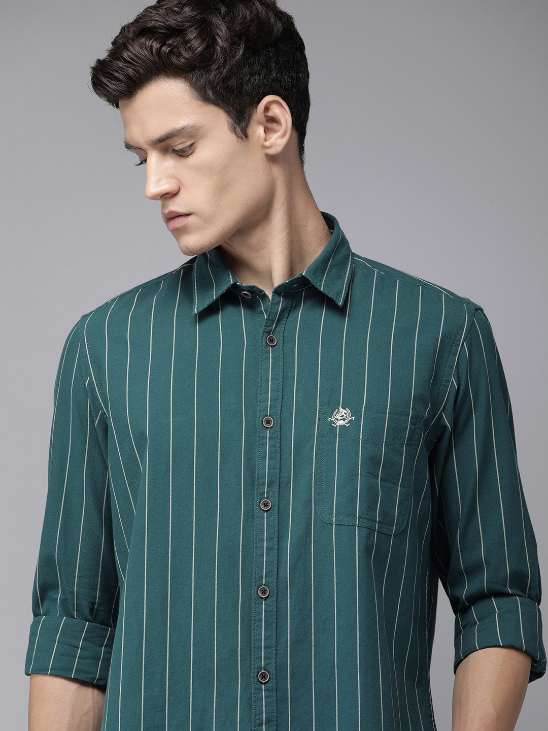 

U.S. Polo Assn. Denim Co. Denim Co Men Teal Blue Slim Fit Striped Pure Cotton Casual Shirt
