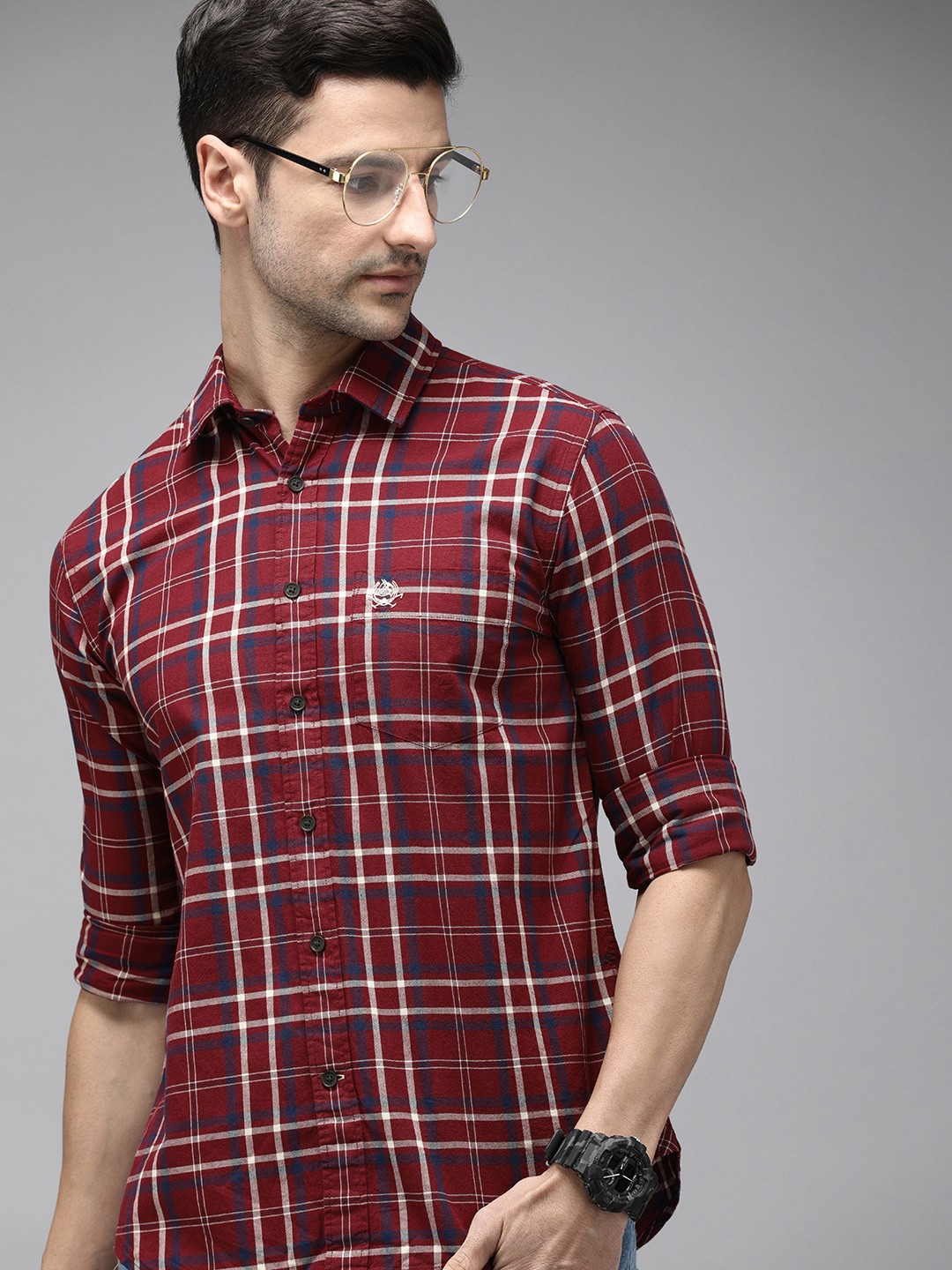 

U S Polo Assn Men Maroon & White Tailored Fit Checked Pure Cotton Casual Shirt