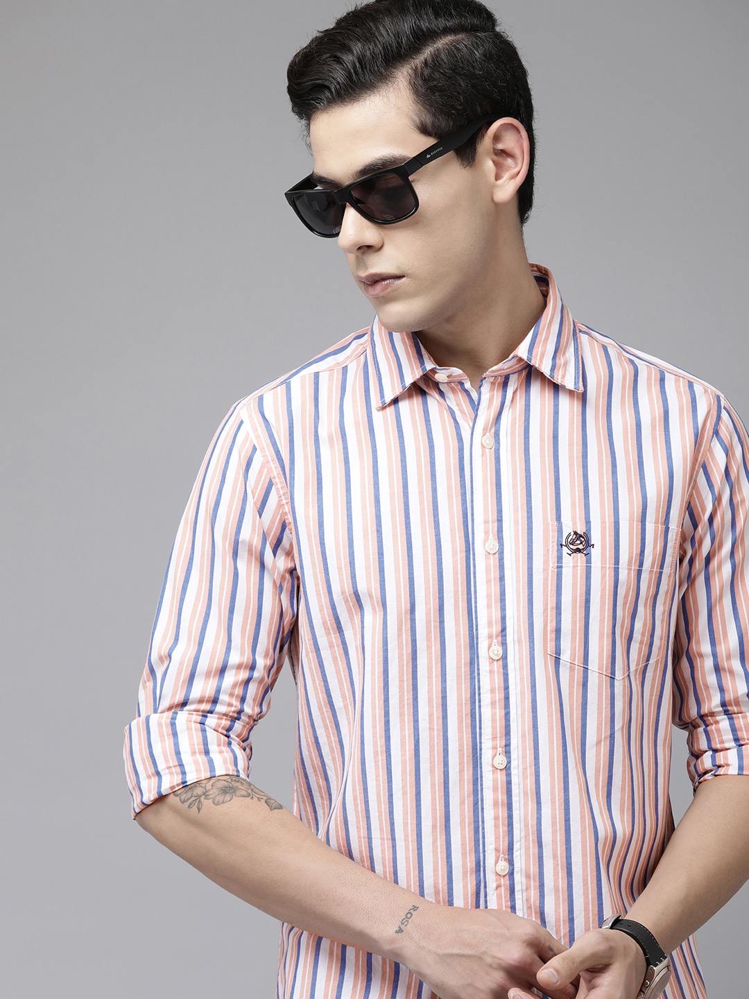 

U.S. Polo Assn. Men Pink Tailored Fit Multi Stripes Opaque Pure Cotton Casual Shirt