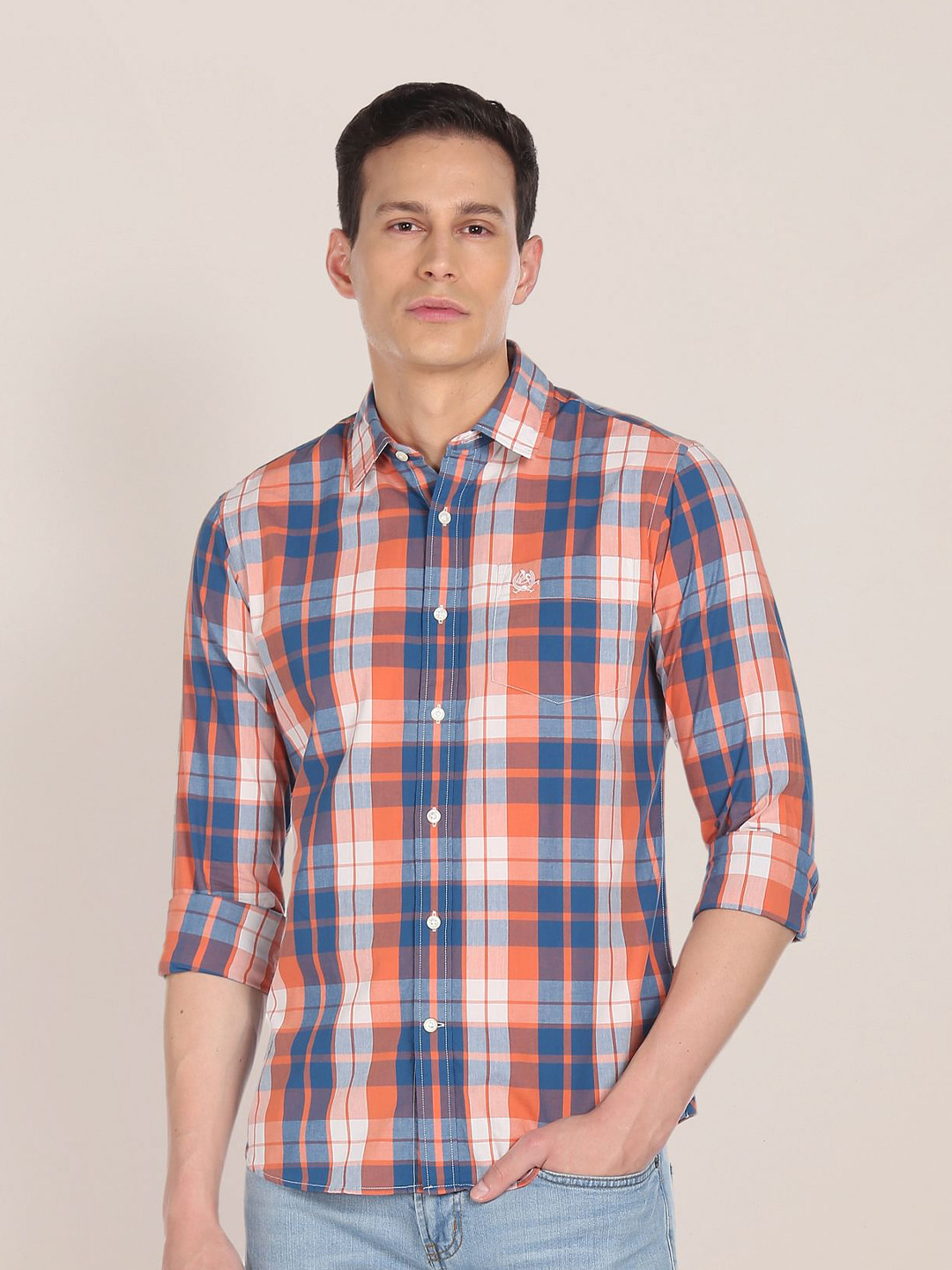 

U.S. Polo Assn. Men Orange Tailored Fit Tartan Checks Opaque Pure Cotton Casual Shirt