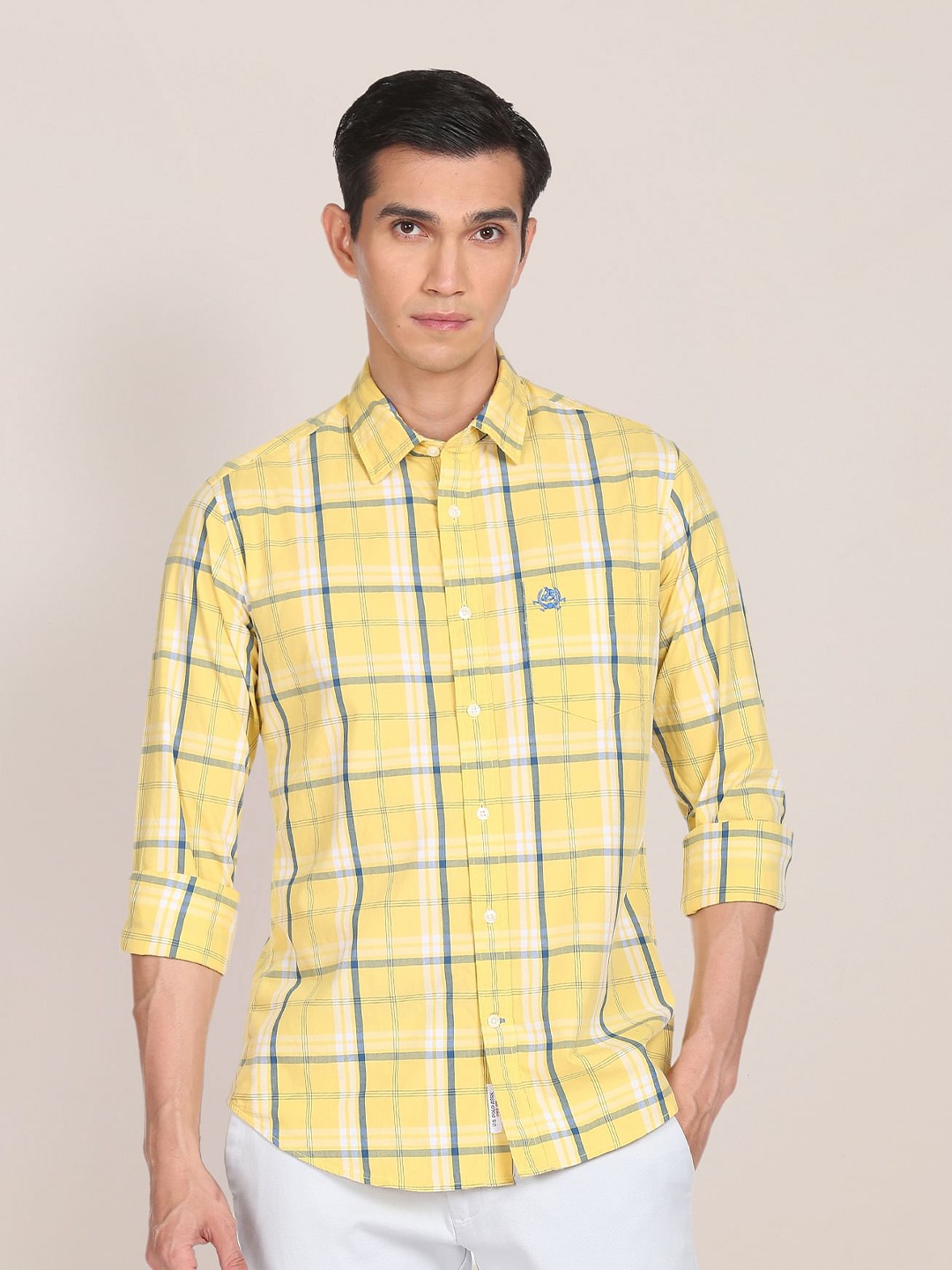 

U S Polo Assn Men Yellow Tartan Checks Slim Fit Pure Cotton Casual Shirt
