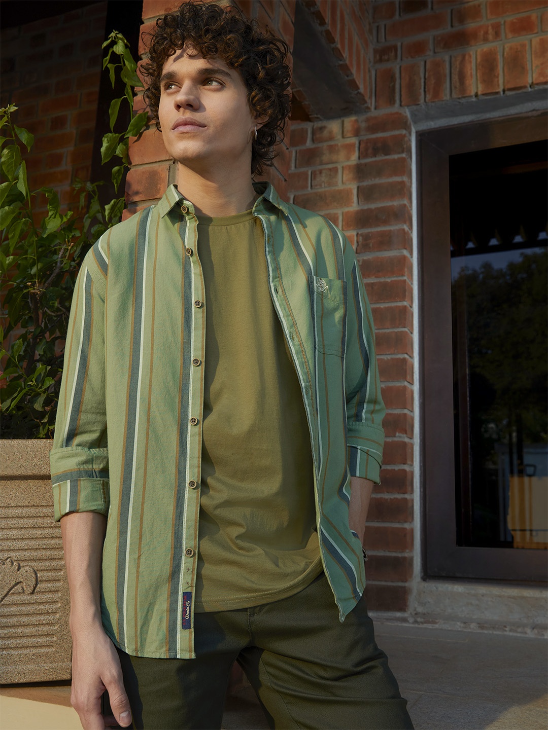 

U.S. Polo Assn. Denim Co. Men Green & Brown Striped Pure Cotton Casual Shirt
