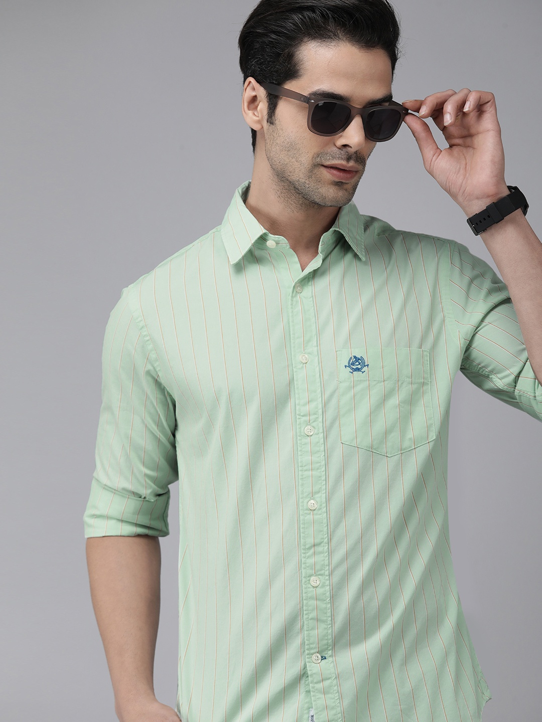

U S Polo Assn Men Green And Orange Slim Fit Striped Pure Cotton Casual Shirt