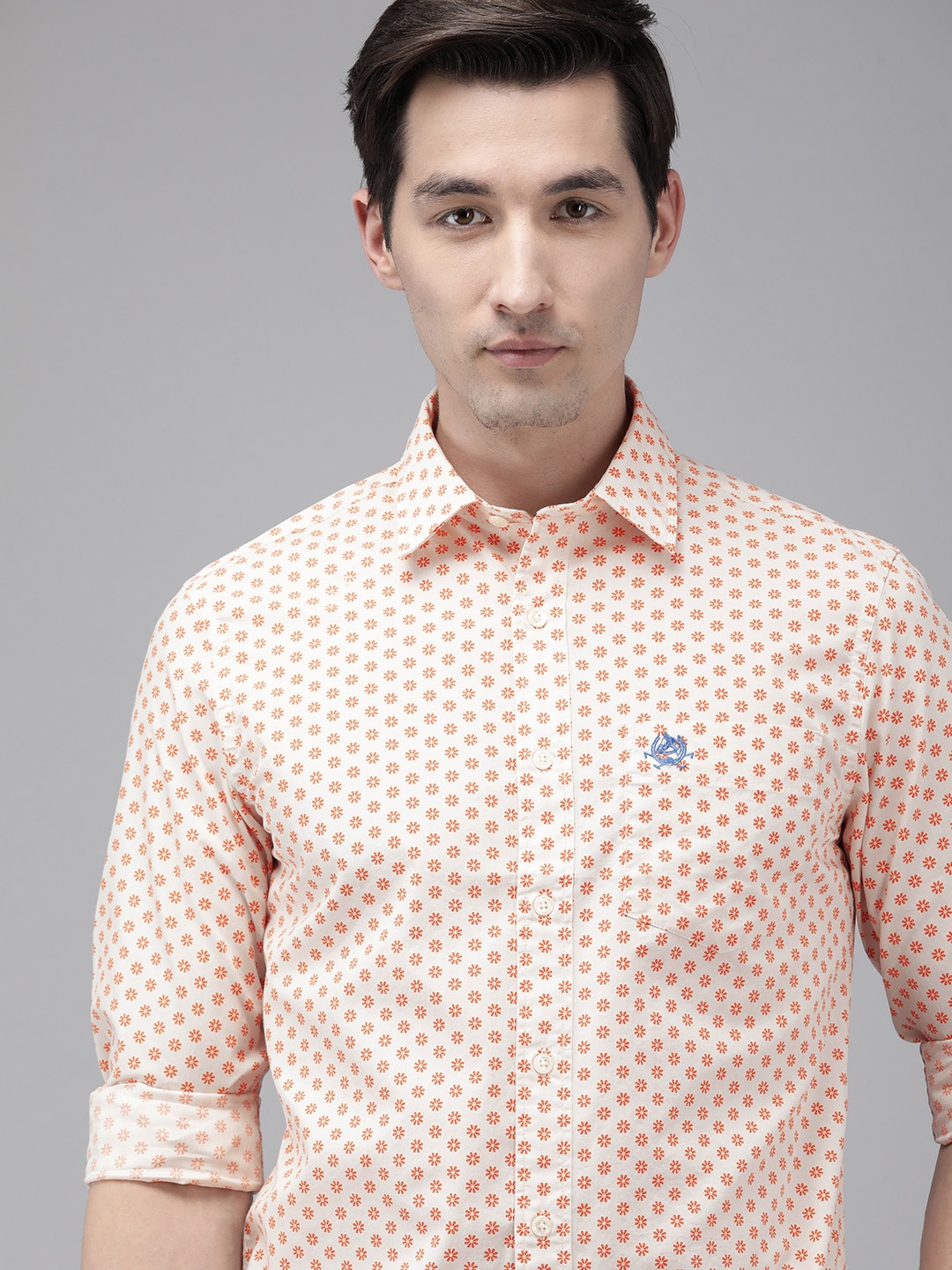 

U S Polo Assn Men Orange And Cream Slim Fit Floral Printed Pure Cotton Casual Shirt