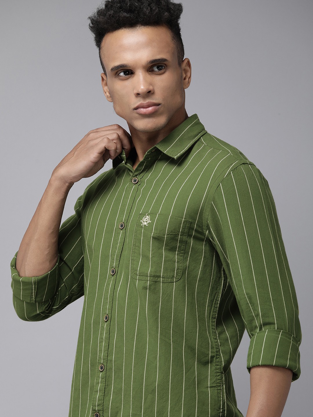 

U.S. Polo Assn. Denim Co. Denim Co Men Green Slim Fit Striped Pure Cotton Casual Shirt