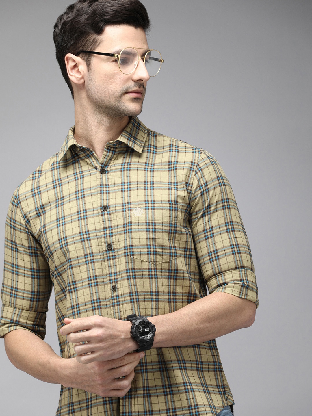

U S Polo Assn Men Olive Green & Brown Tailored Fit Checked Pure Cotton Casual Shirt