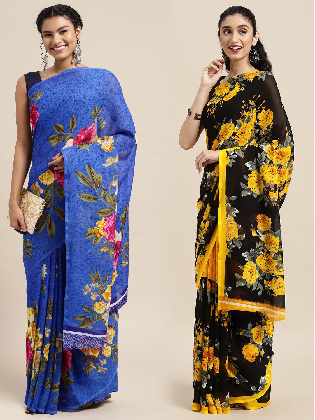 

KALINI Pack Of 2 Black & Blue Floral Saree