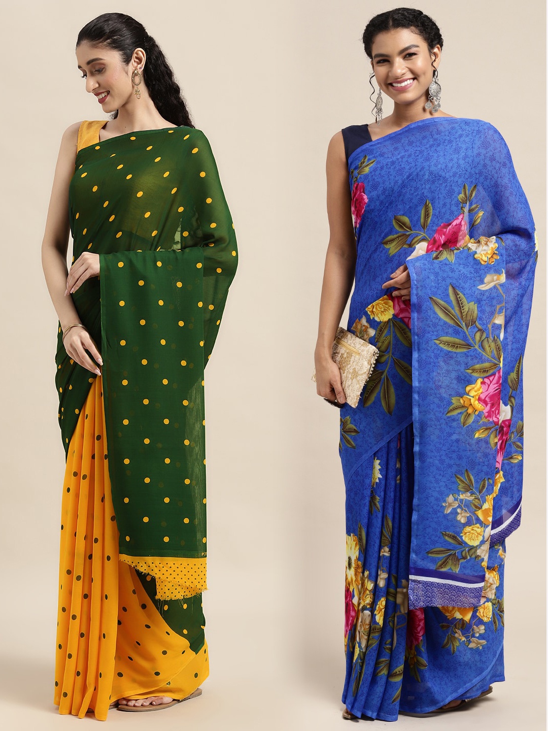 

KALINI Pack of 2 Printed Poly Georgette Sarees, Green