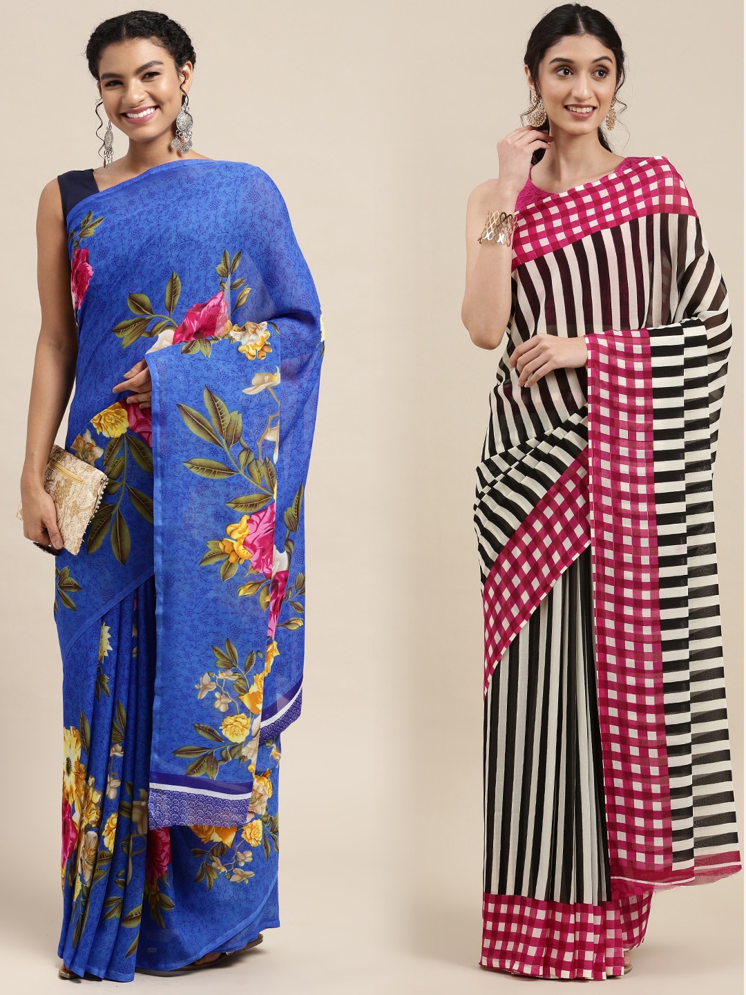 

KALINI Pack of 2 Printed Poly Georgette Sarees, Blue