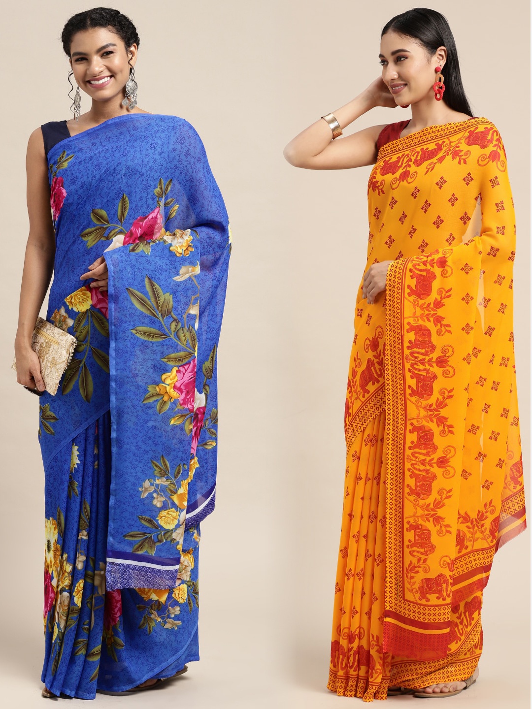 

KALINI Pack Of 2 Blue & Mustard Yellow Floral Saree