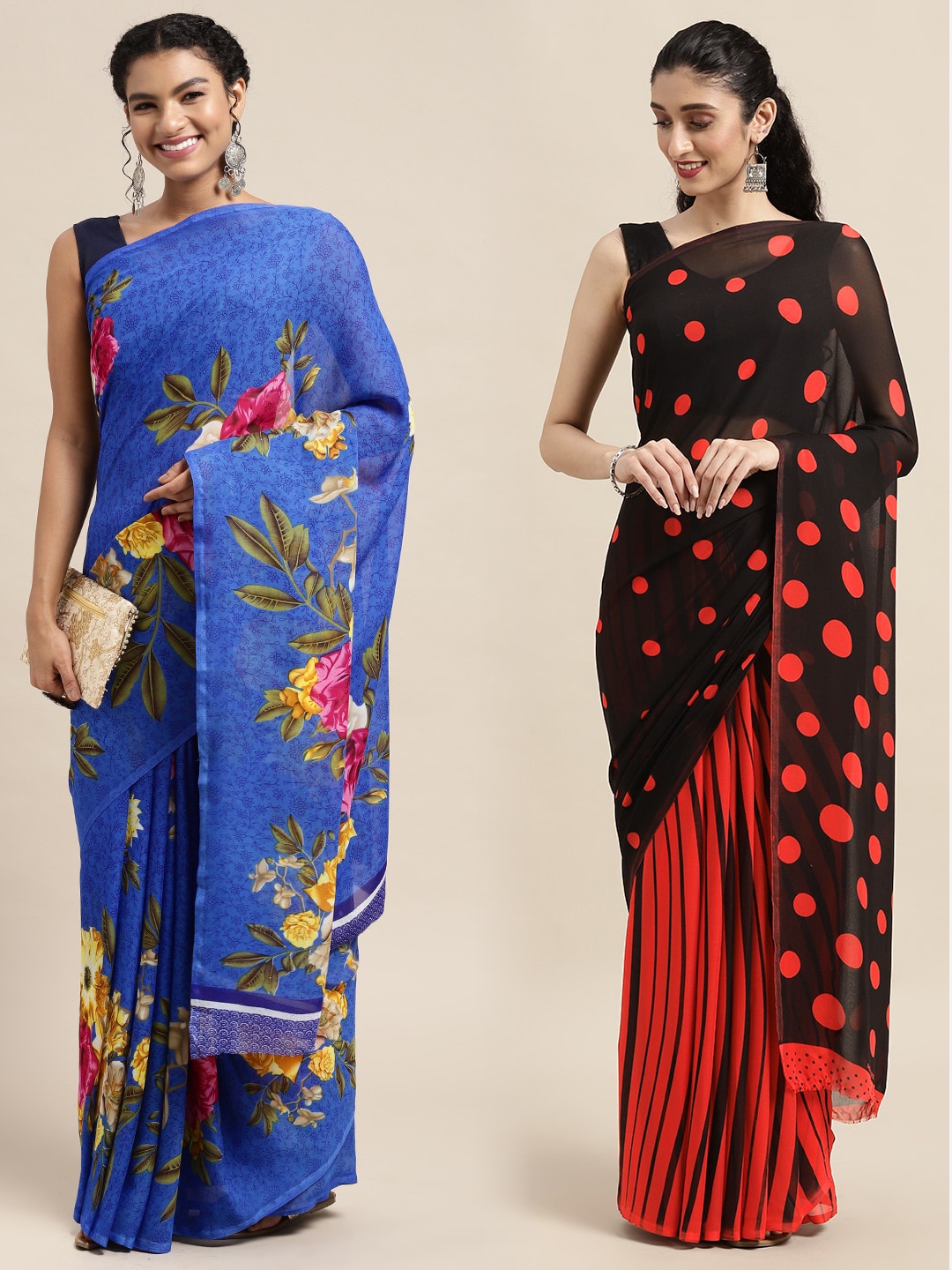 

KALINI Pack of 2 Printed Poly Georgette Sarees, Blue