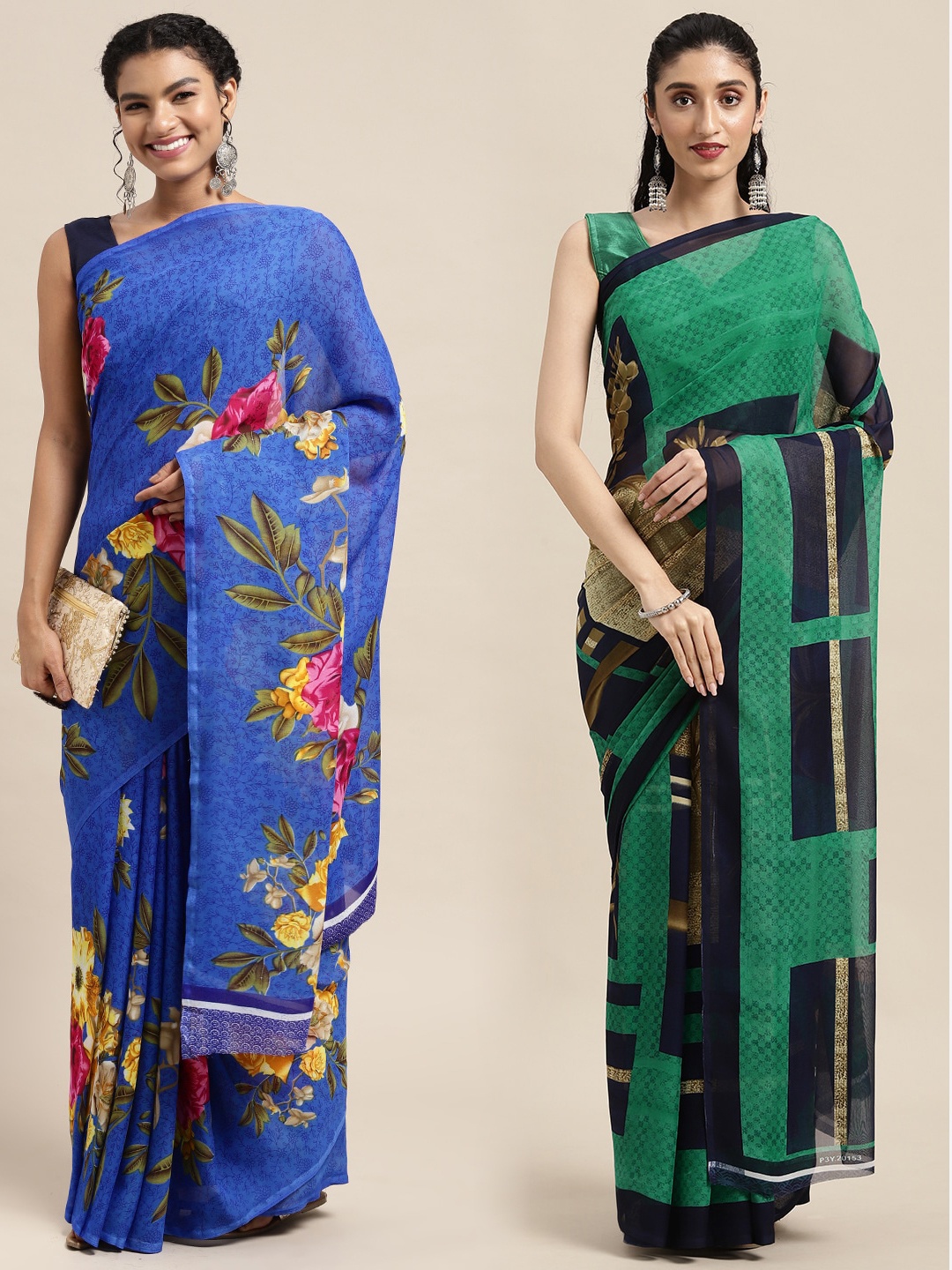 

KALINI Pack of 2 Printed Poly Georgette Sarees, Blue