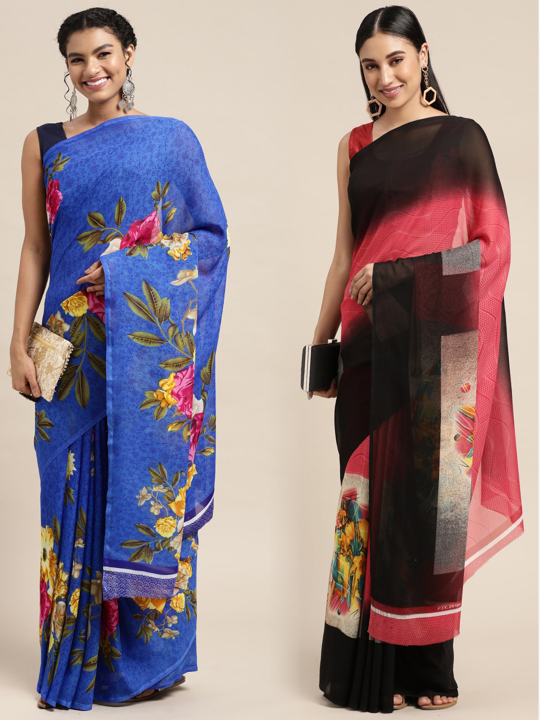 

KALINI Pack of 2 Floral Printed Saree, Blue