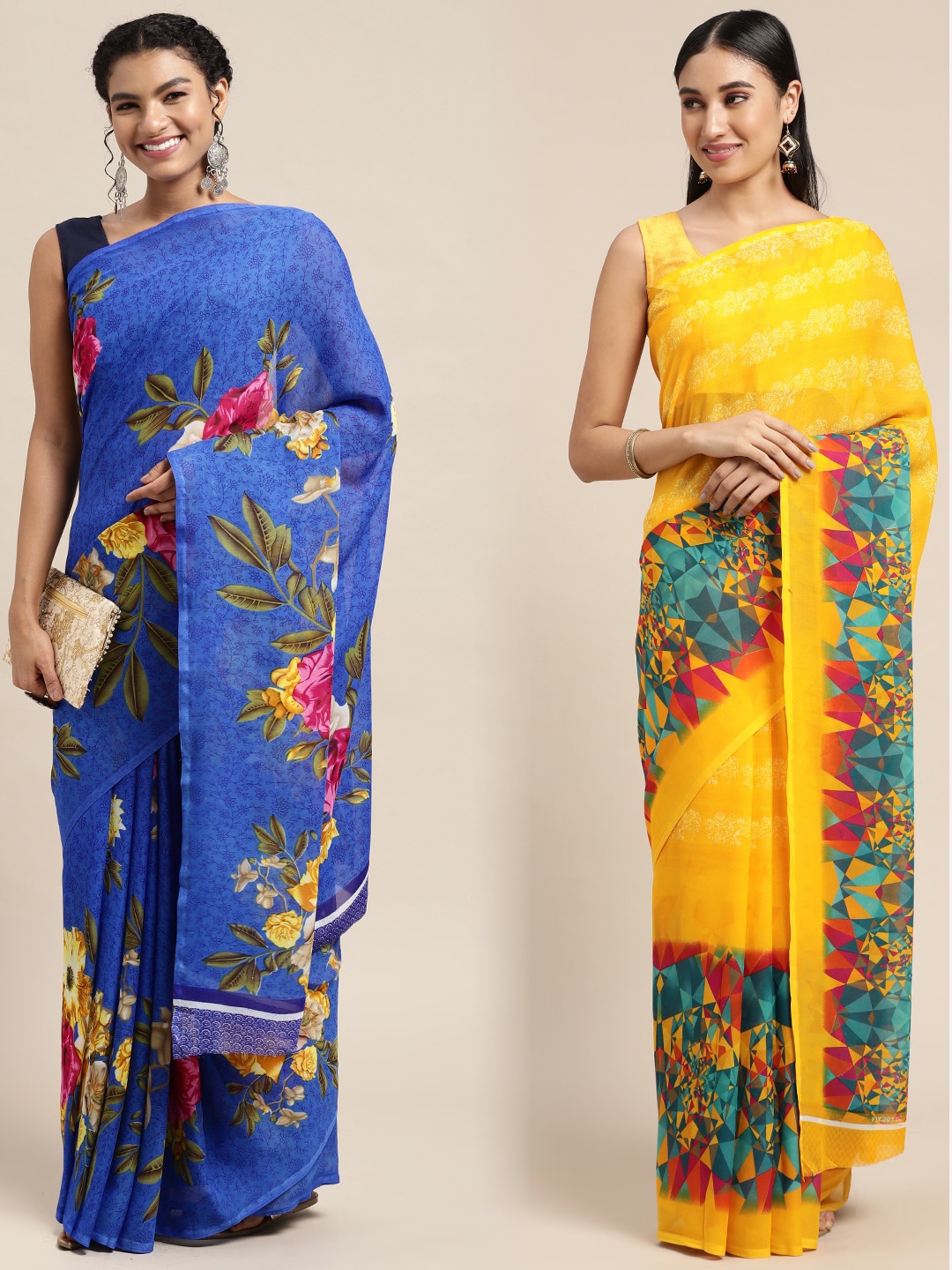 

KALINI Pack of 2 Printed Poly Georgette Sarees, Blue