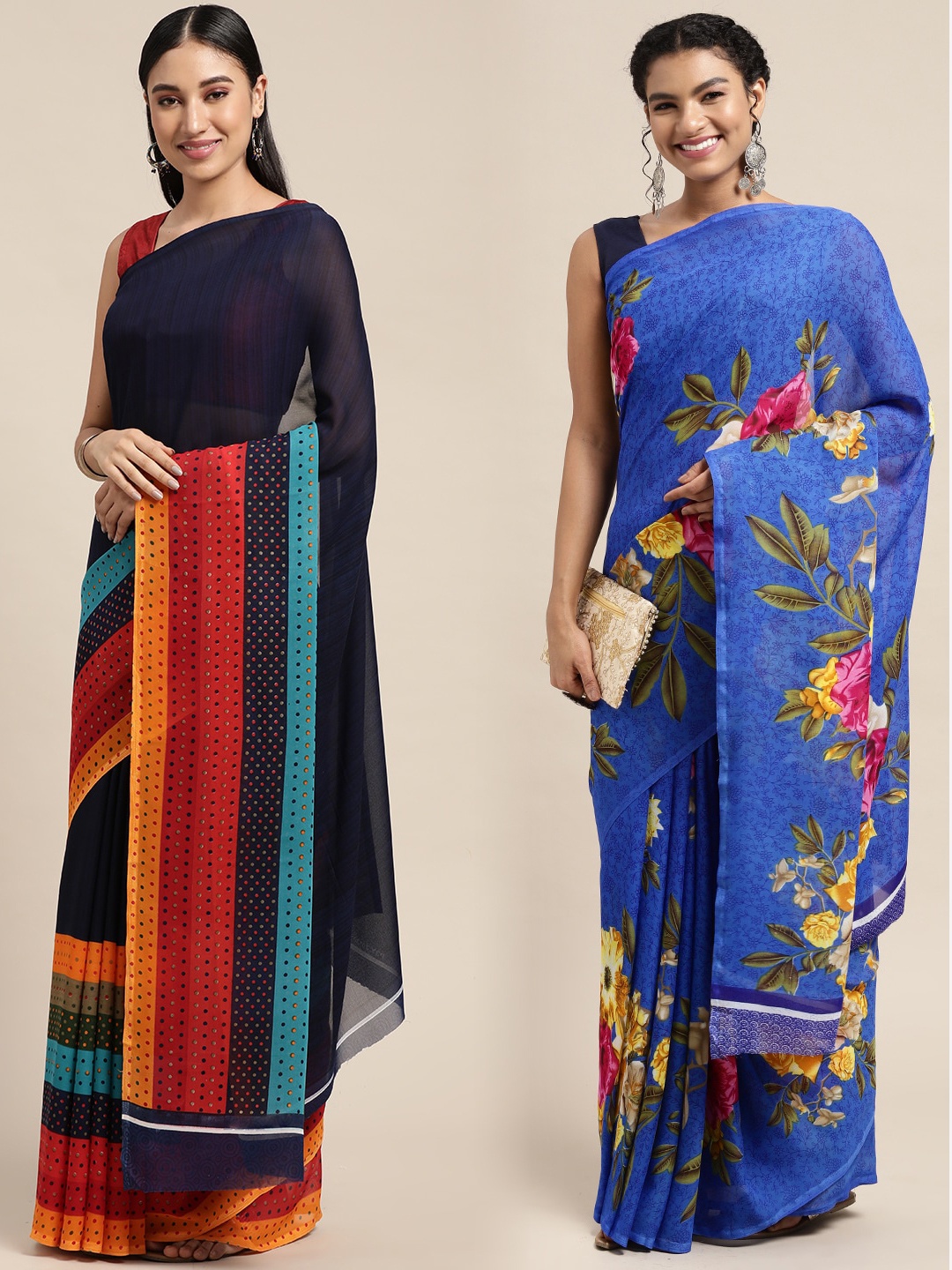 

KALINI Pack of 2 Floral Printed Saree, Navy blue