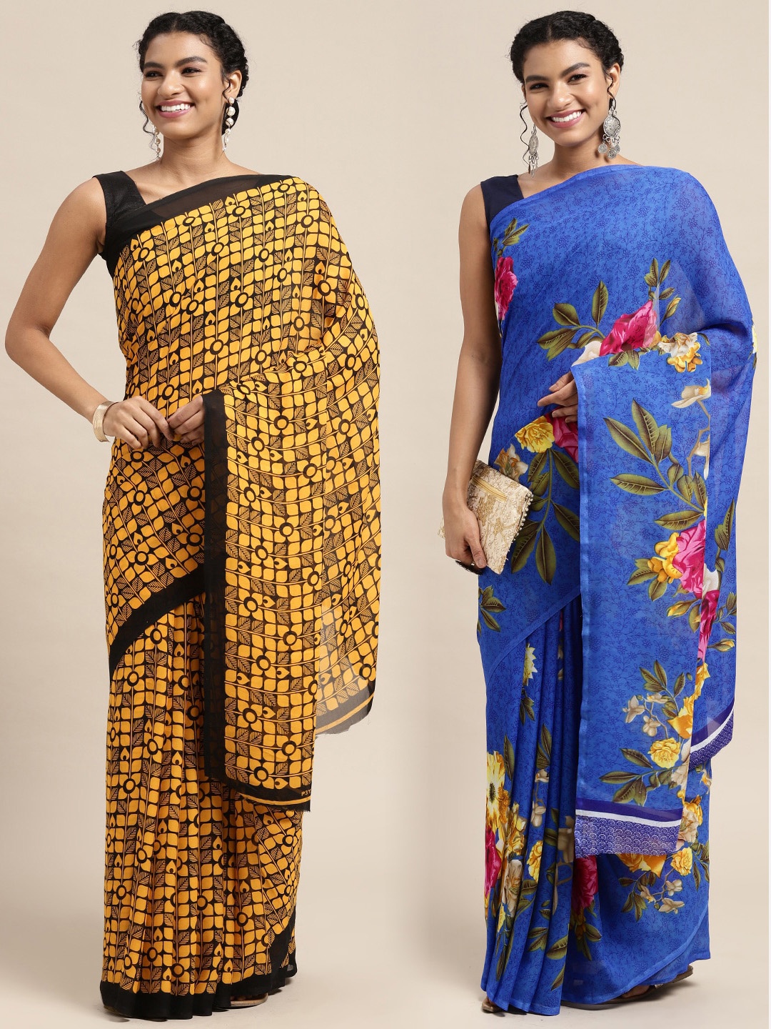 

KALINI Women Pack Of 2 Printed Sarees, Mustard