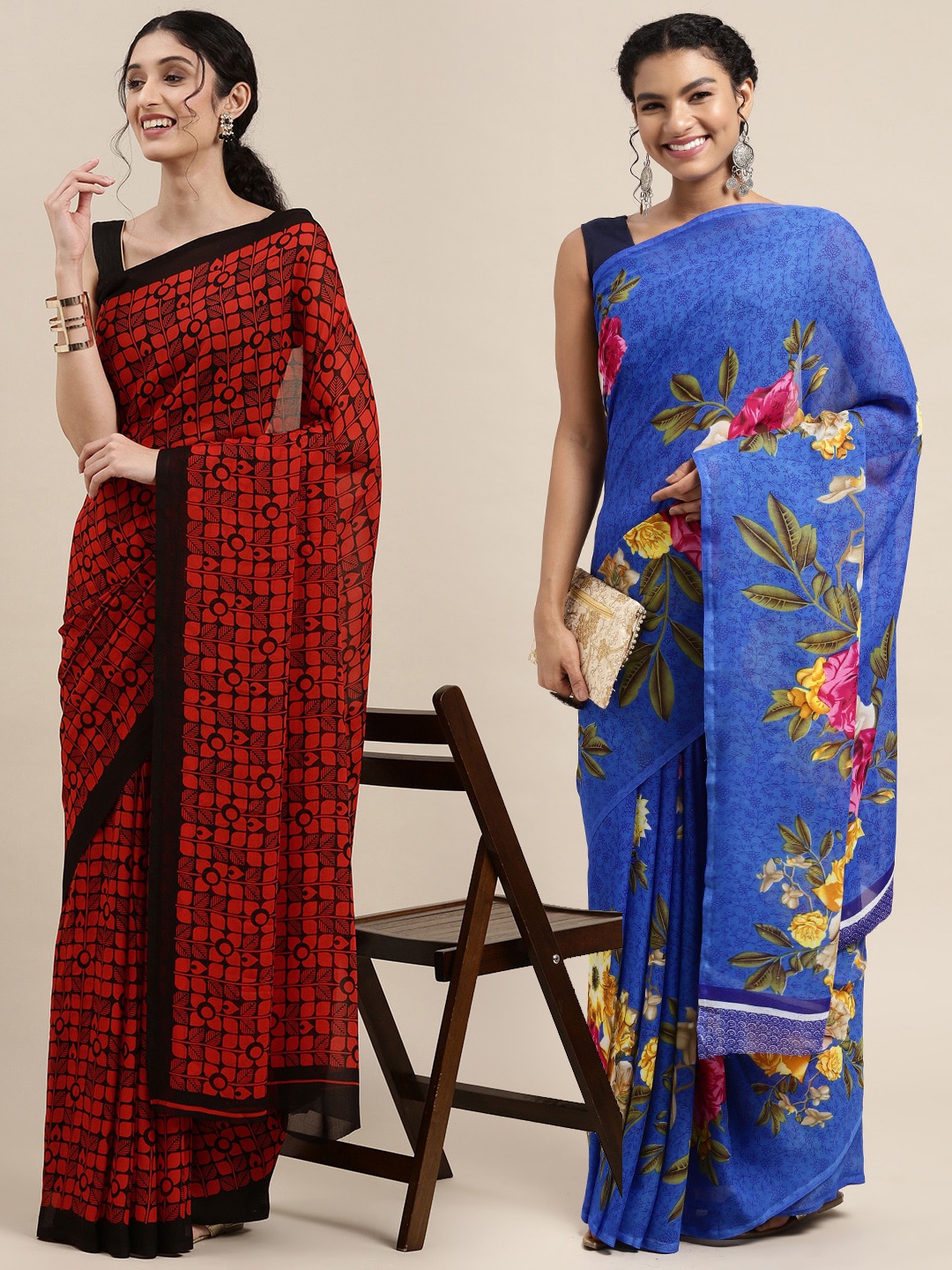 

KALINI Pack of 2 Printed Poly Georgette Sarees, Red