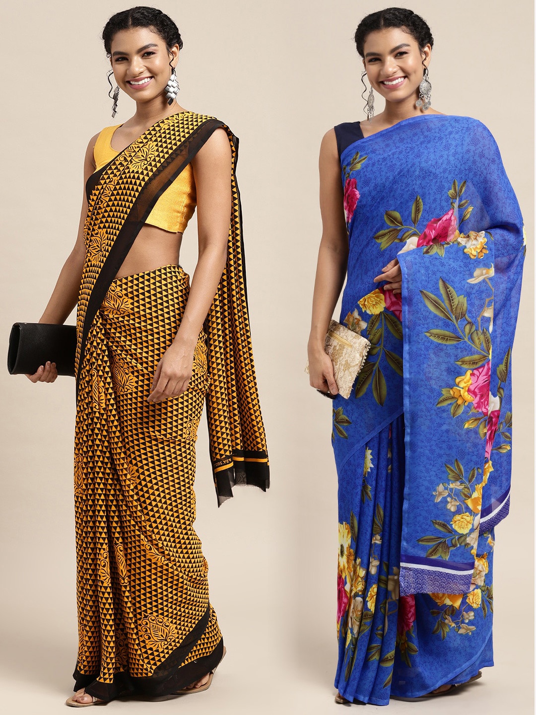 

KALINI Pack of 2 Floral Printed Saree, Mustard