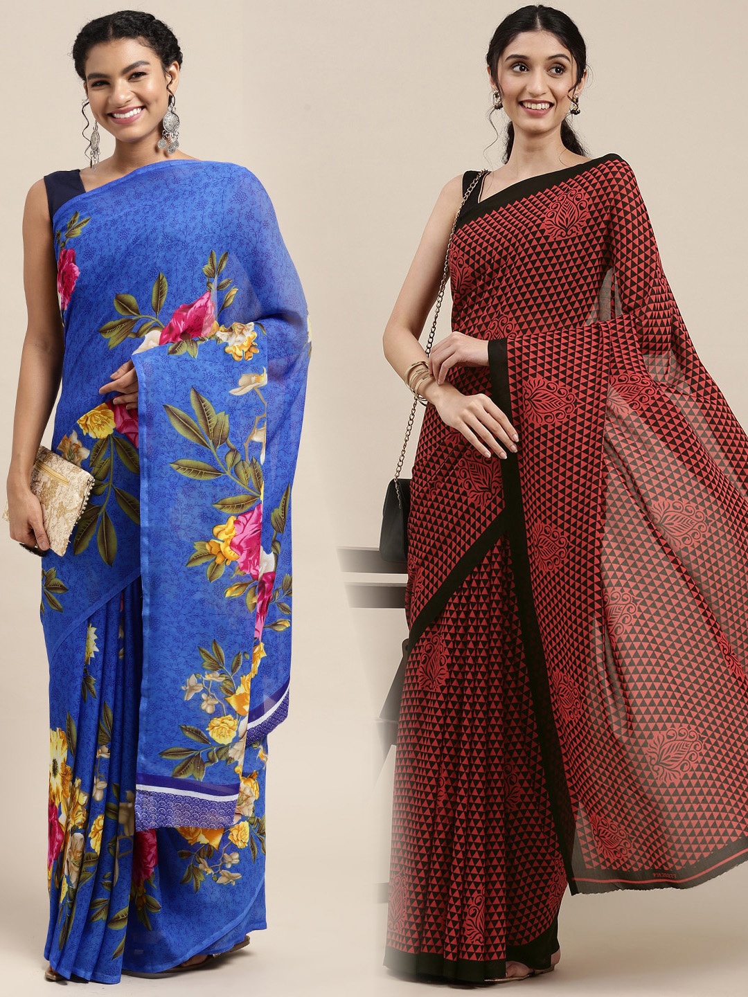 

KALINI Pack Of 2 Blue & Maroon Floral Saree