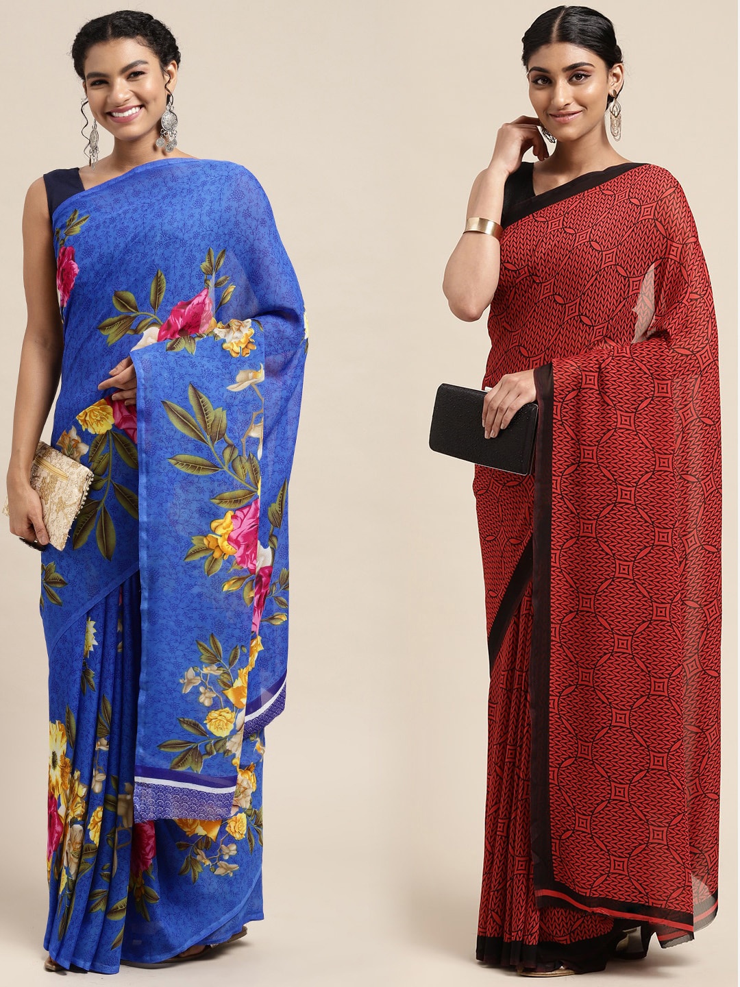 

KALINI Pack of 2 Printed Poly Georgette Sarees, Blue