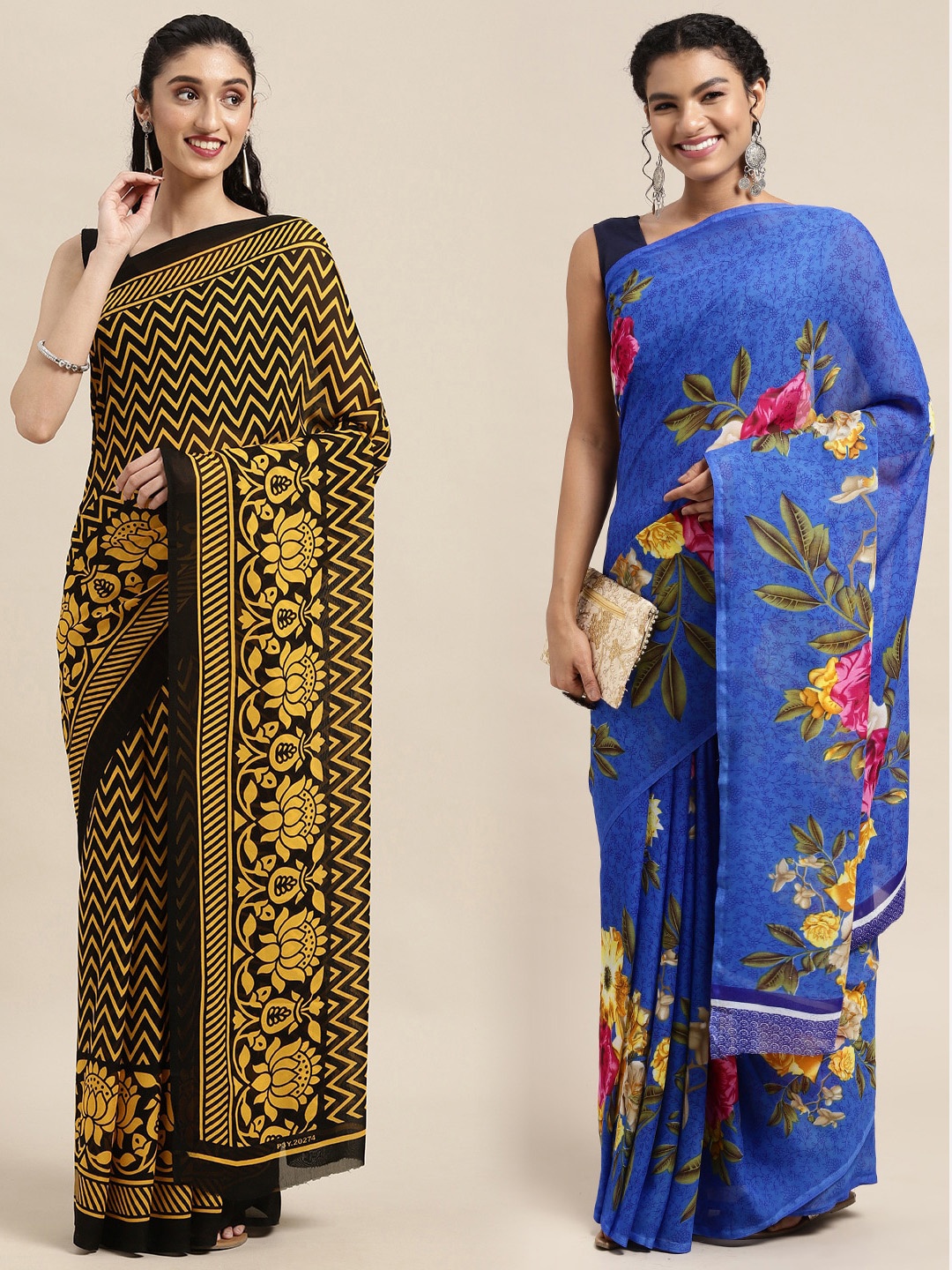 

KALINI Pack of 2 Floral Printed Saree, Black