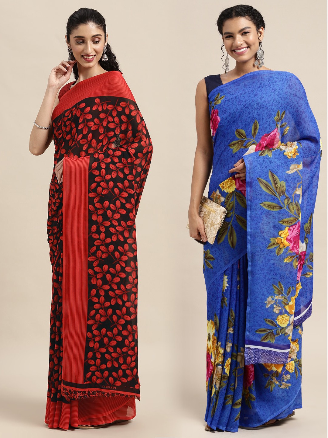 

KALINI Pack of 2 Printed Poly Georgette Sarees, Black