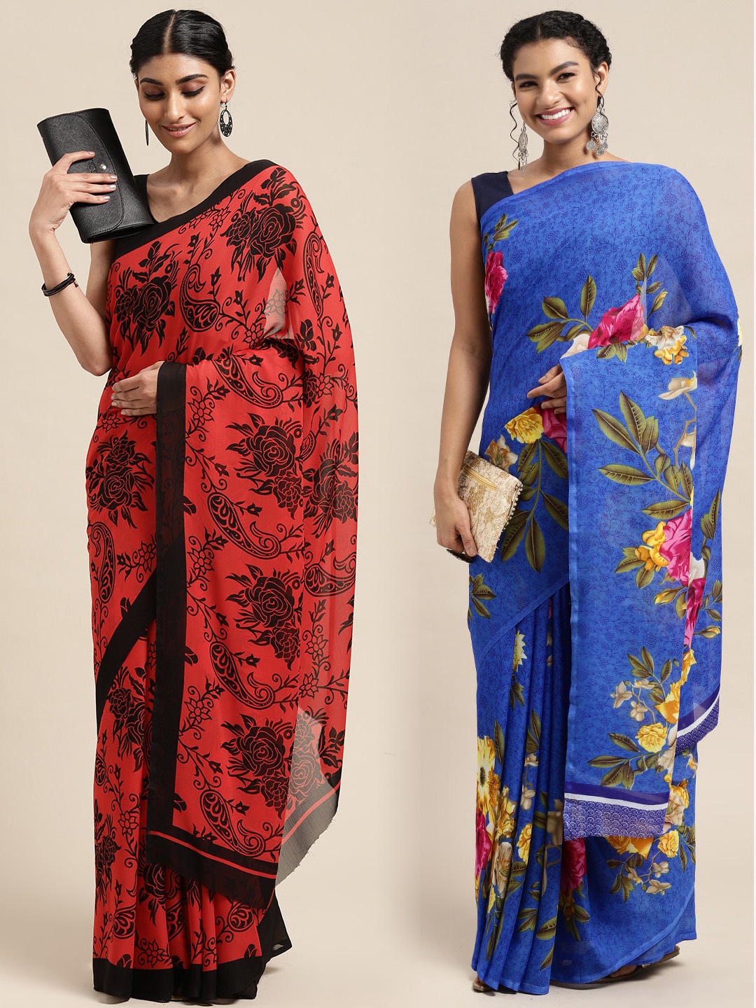 

KALINI Pack Of 2 Red & Black Floral Saree
