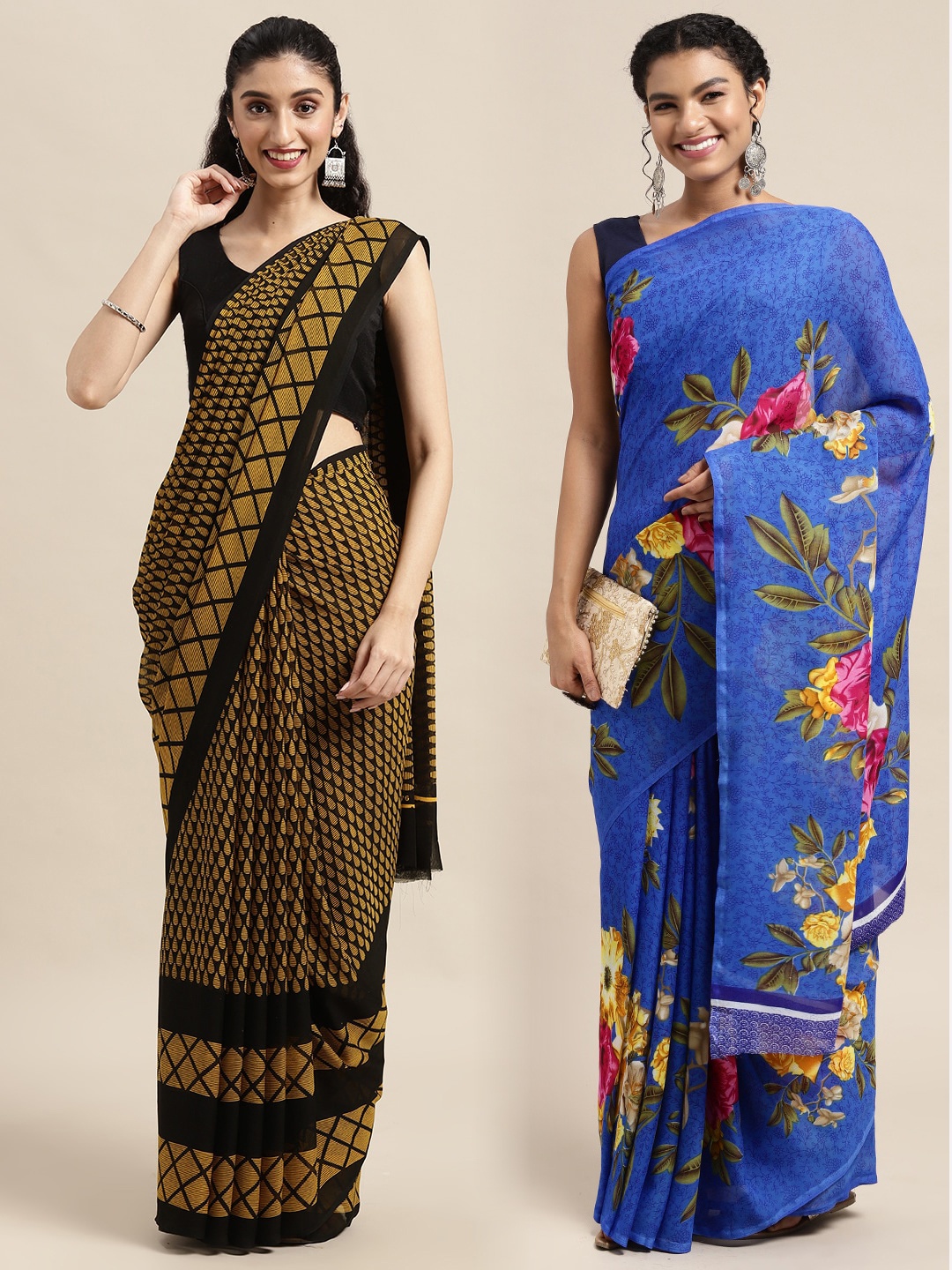 

KALINI Women Pack Of 2 Printed Sarees, Black