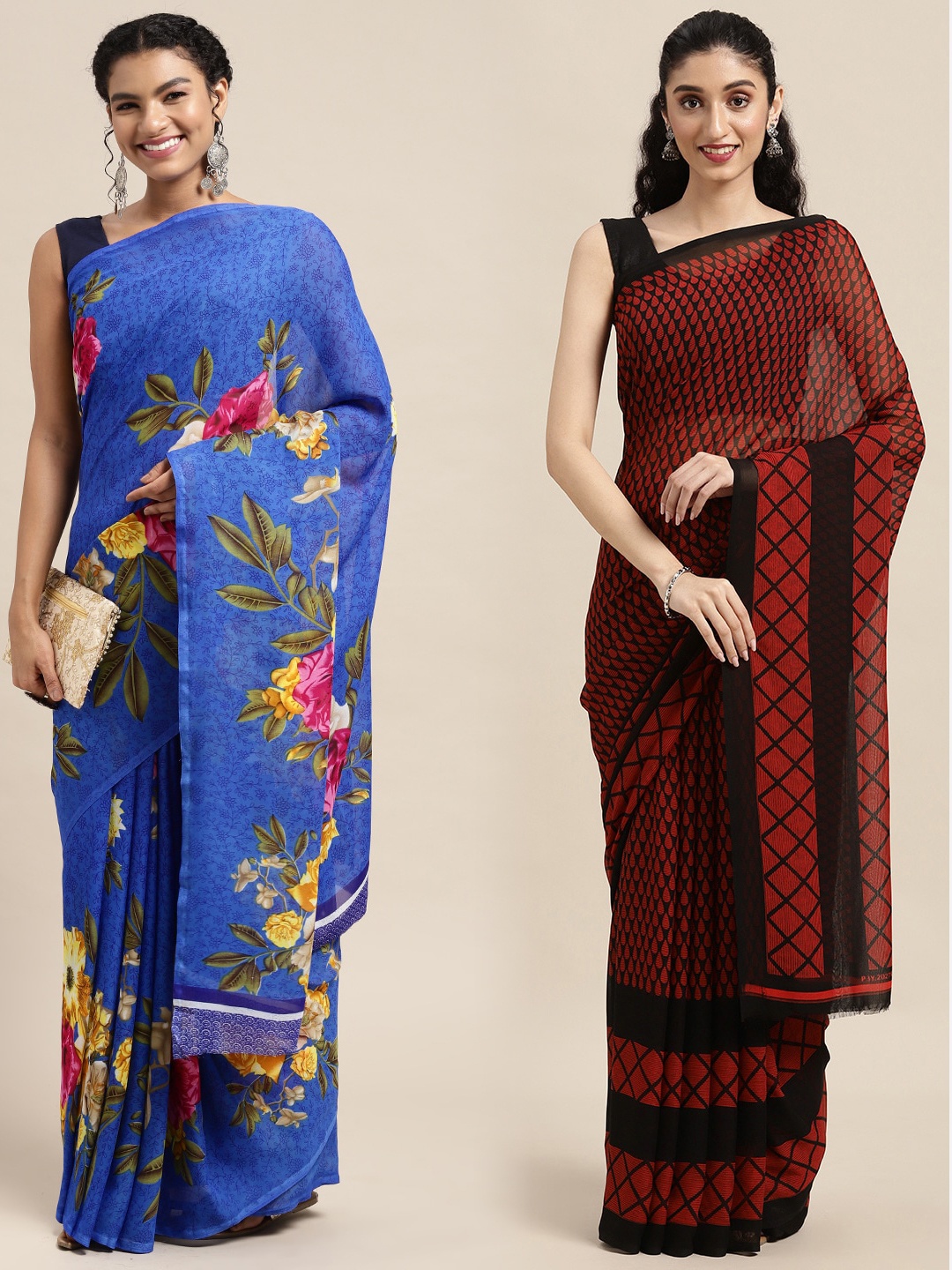 

KALINI Pack of 2 Printed Poly Georgette Sarees, Blue