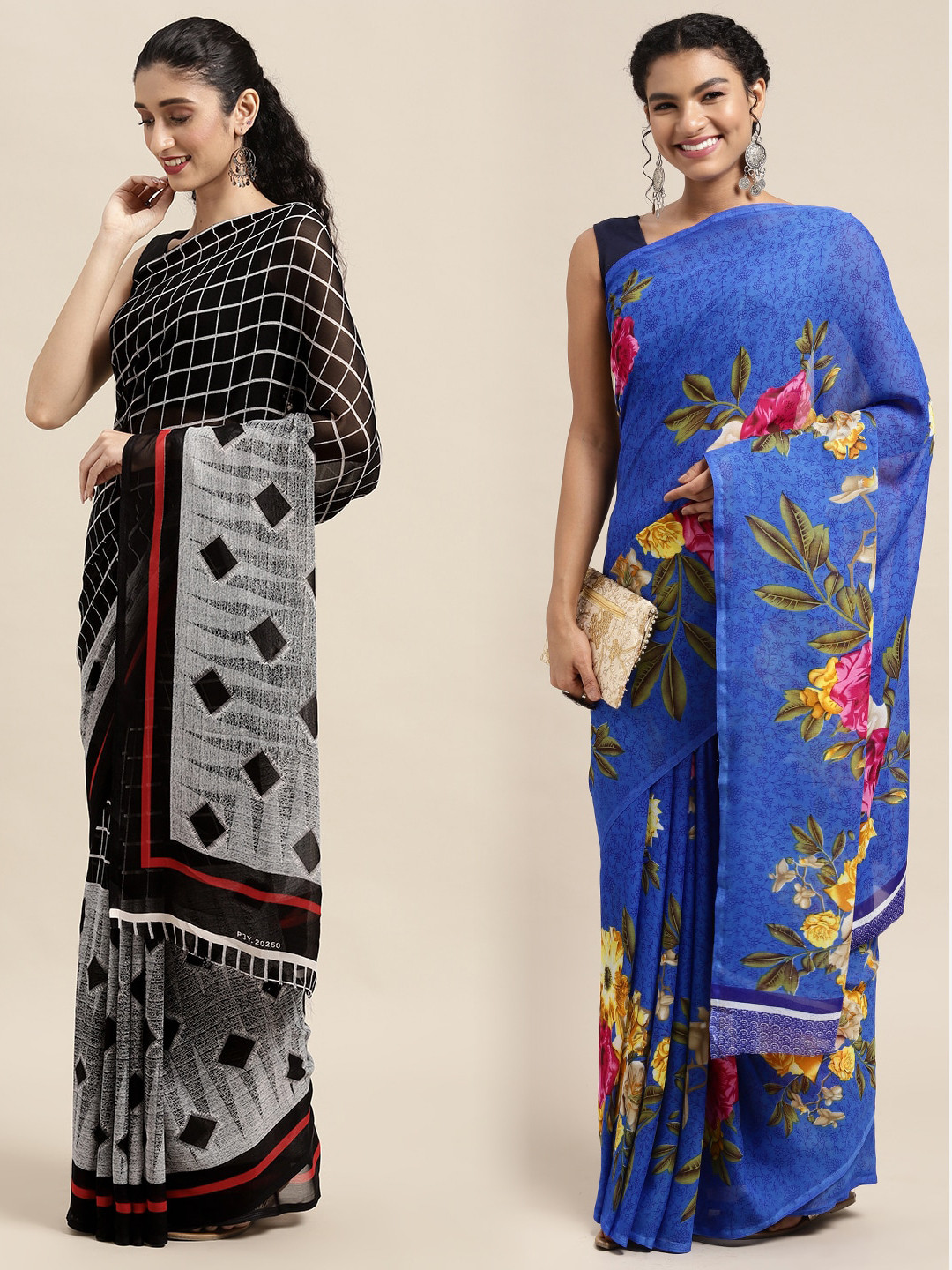 

KALINI Pack of 2 Floral Printed Saree, Black