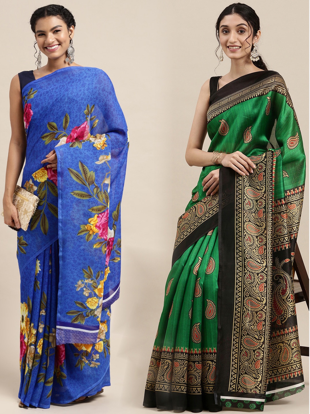 

KALINI Pack of 2 Floral Printed Saree, Blue