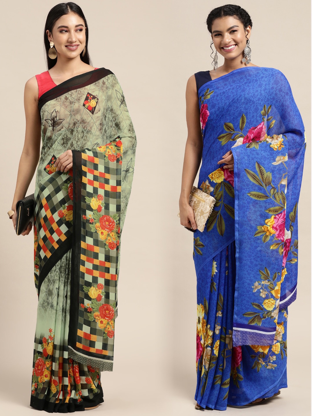

KALINI Pack of 2 Floral Printed Saree, Green
