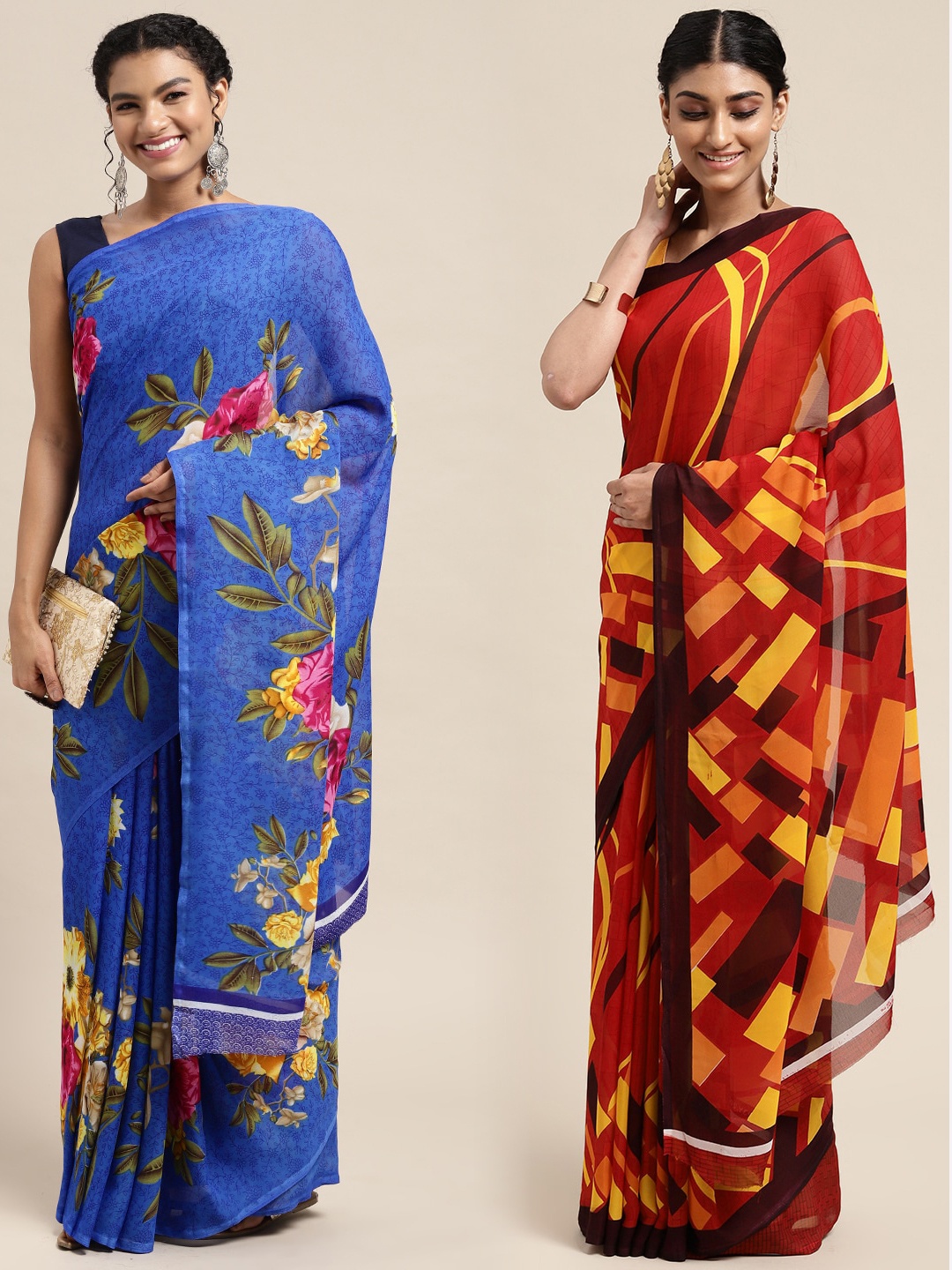 

KALINI Pack of 2 Printed Poly Georgette Sarees, Blue