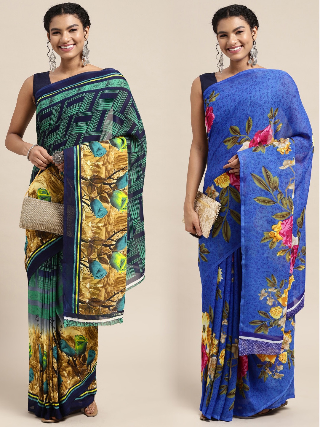 

KALINI Pack of 2 Floral Printed Saree, Green