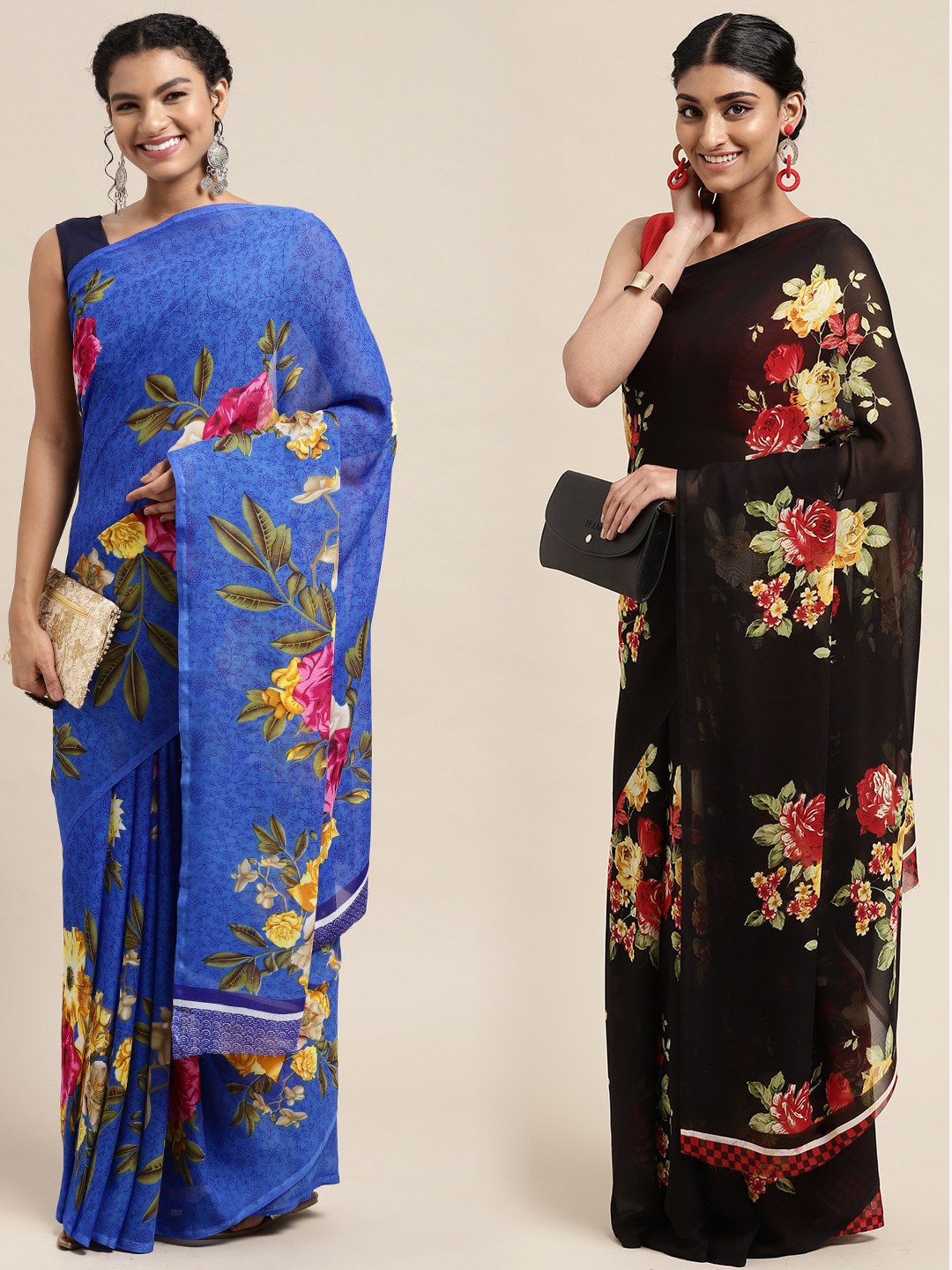 

KALINI Pack of 2 Floral Printed Saree, Blue