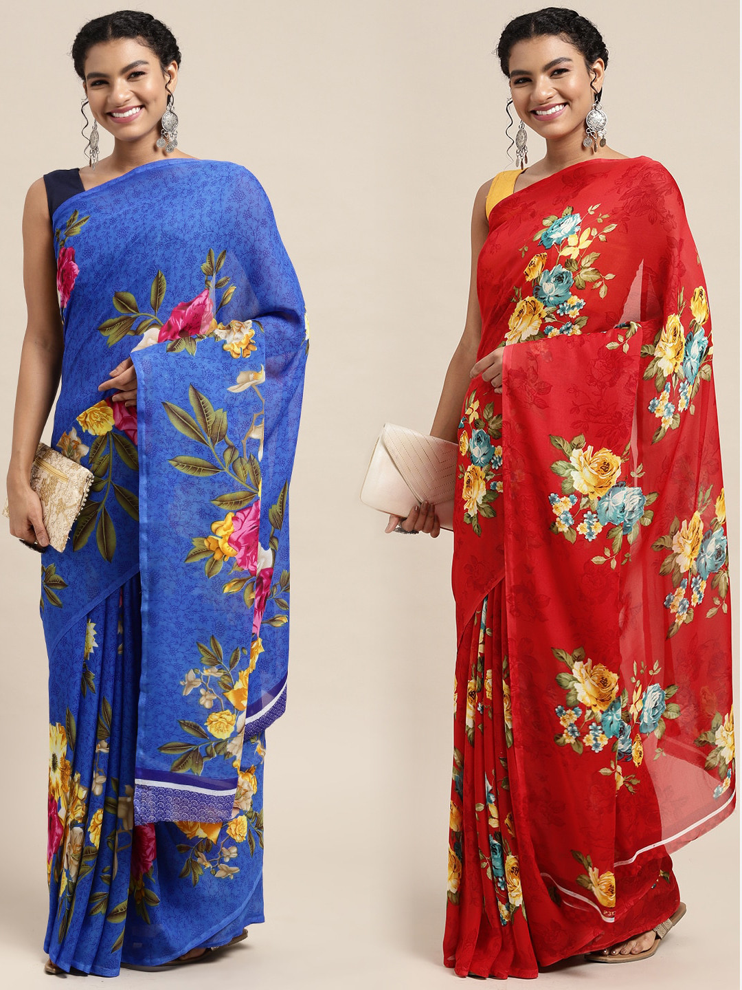 

KALINI Pack Of 2 Blue & Red Floral Saree