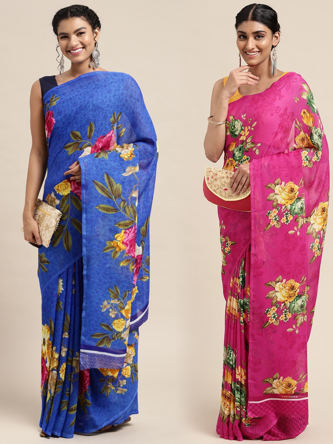 

KALINI Pack of 2 Printed Poly Georgette Sarees, Blue