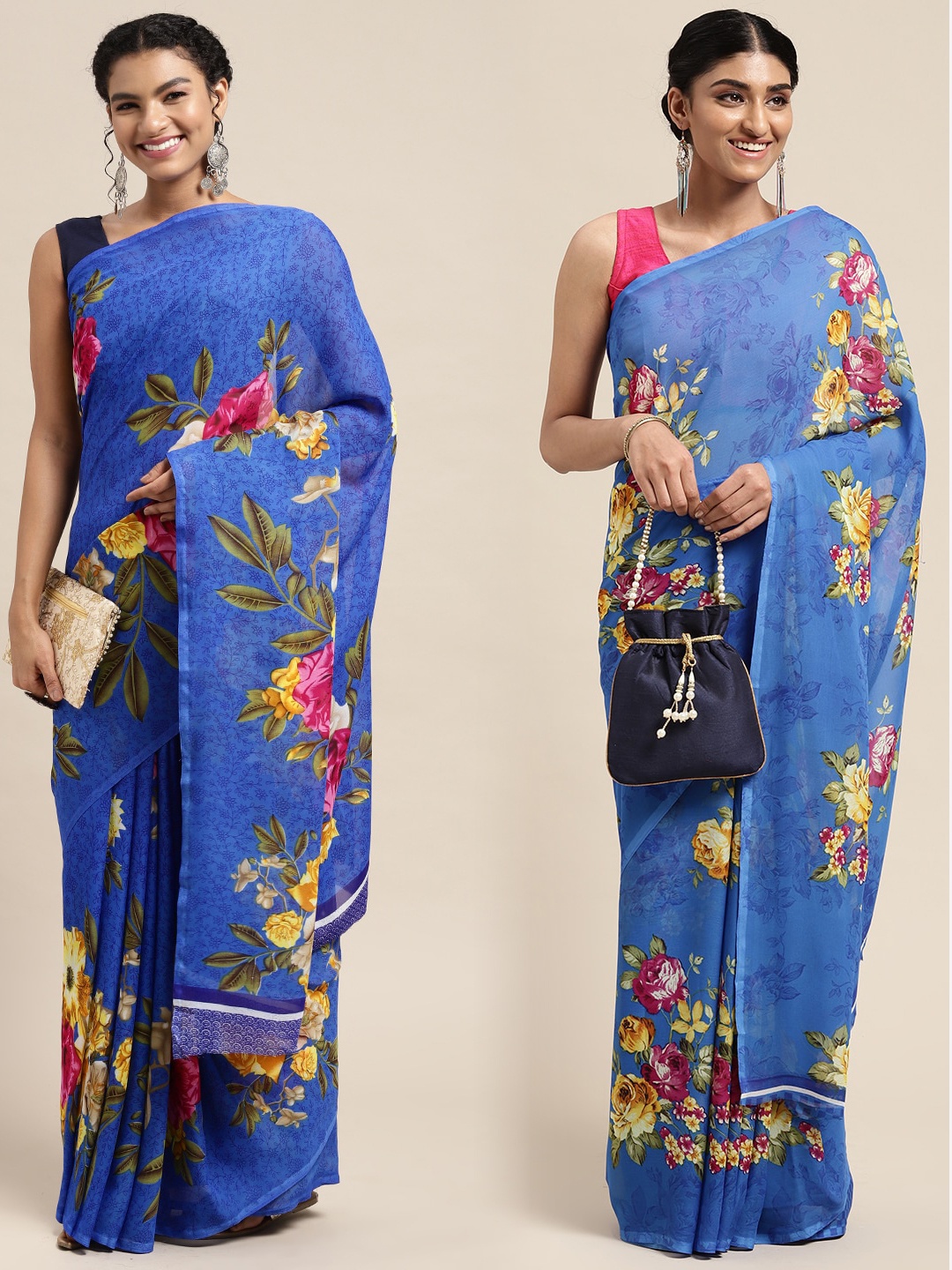 

KALINI Pack Of 2 Blue & Yellow Floral Saree